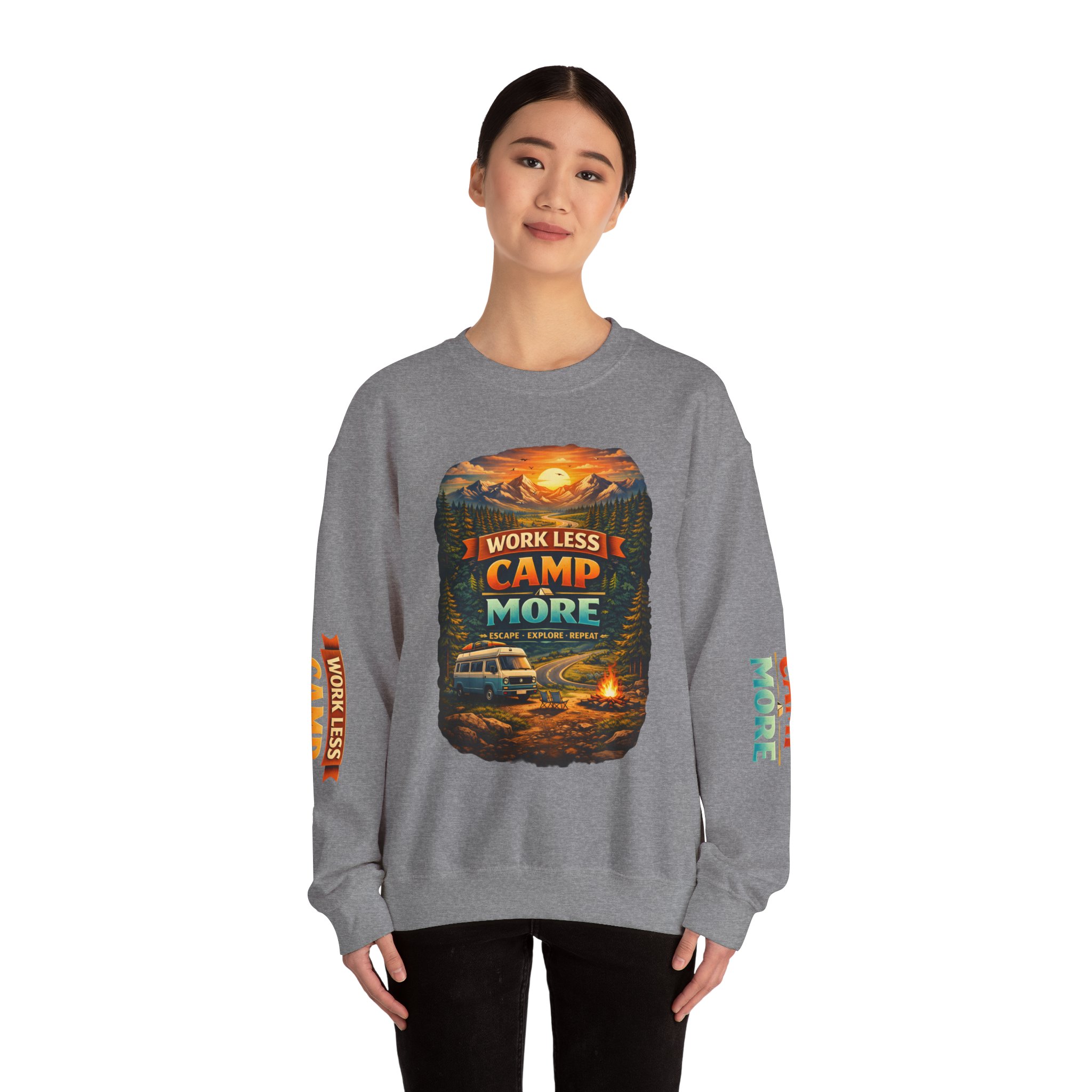 Unisex Heavy Blend™ Crewneck Sweatshirt — "Work Less-Camp More" Design Scenic-Line