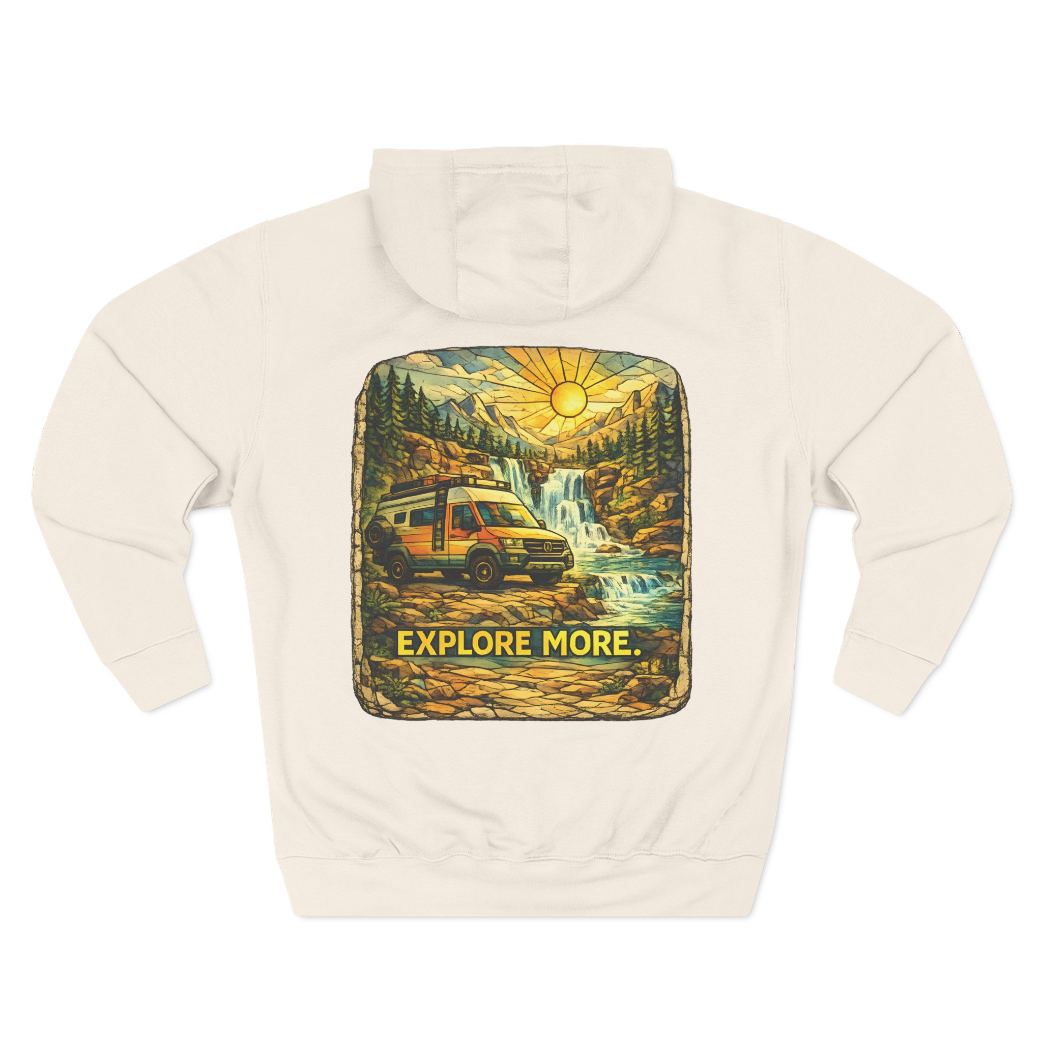 Three-Panel Fleece Hoodie - "Explore More" Design Cubic-Line