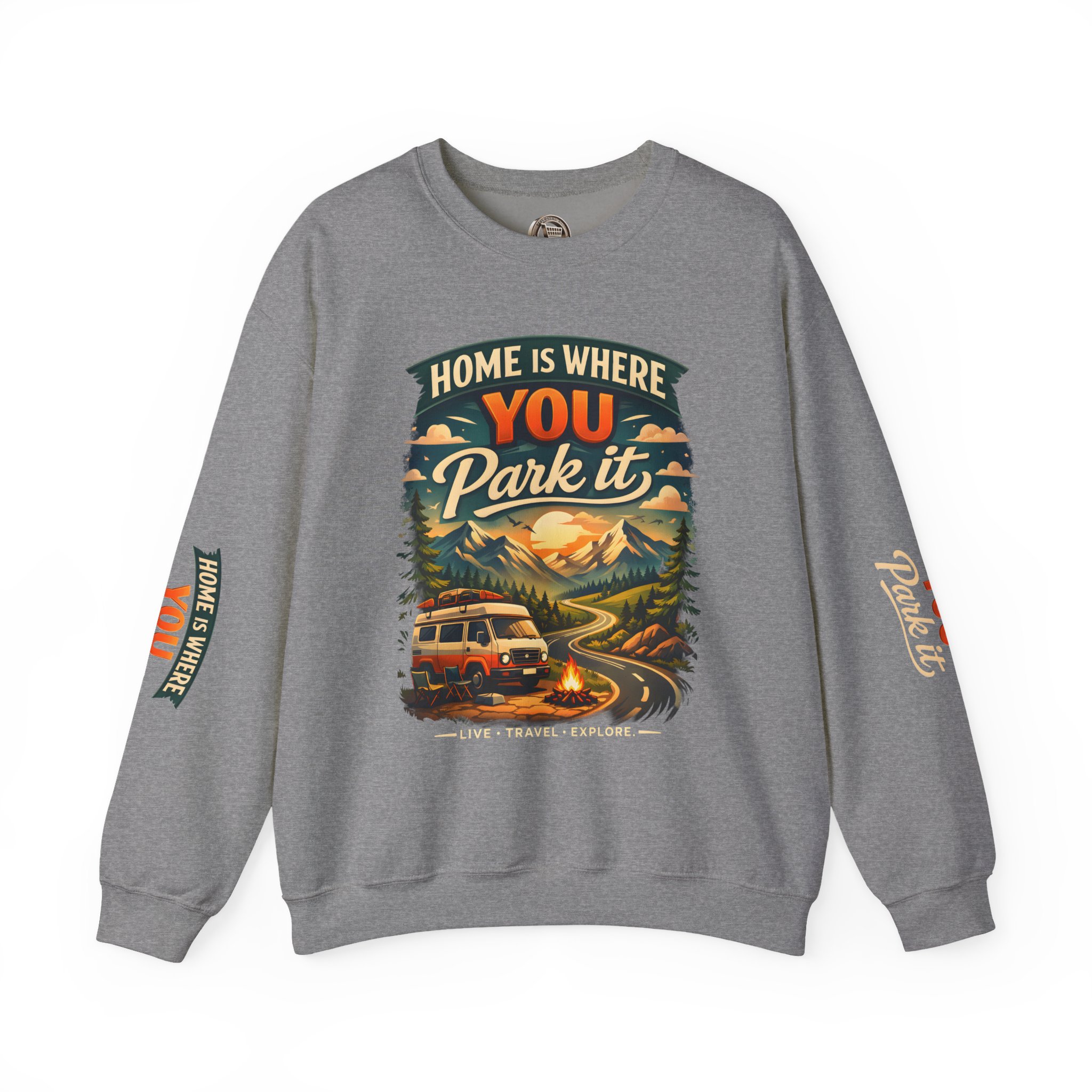 Unisex Heavy Blend™ Crewneck Sweatshirt — "Home Is Where You Park It" Design Scenic-Line