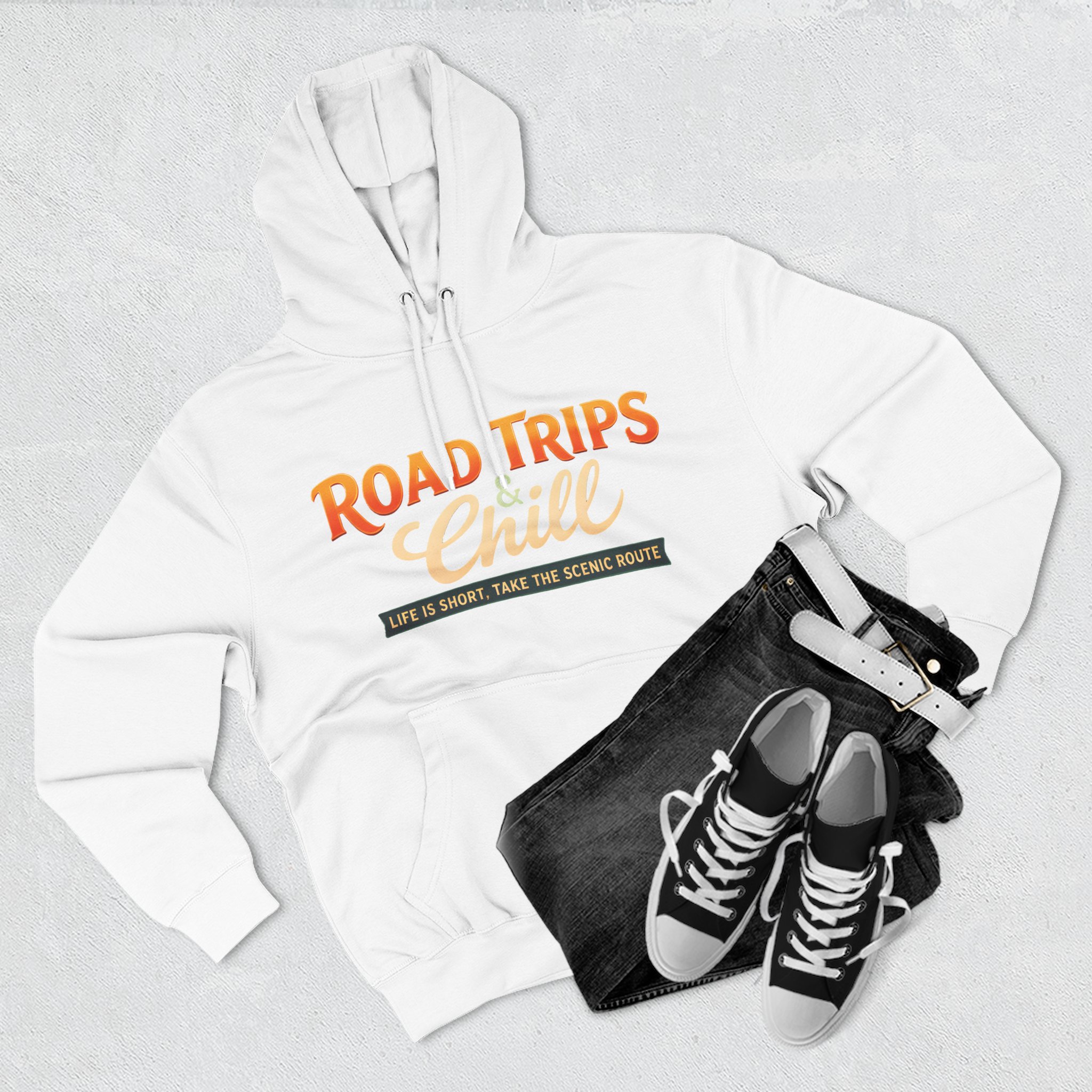 Three-Panel Fleece Hoodie - "Road Trips & Chill" Design Scenic-Line