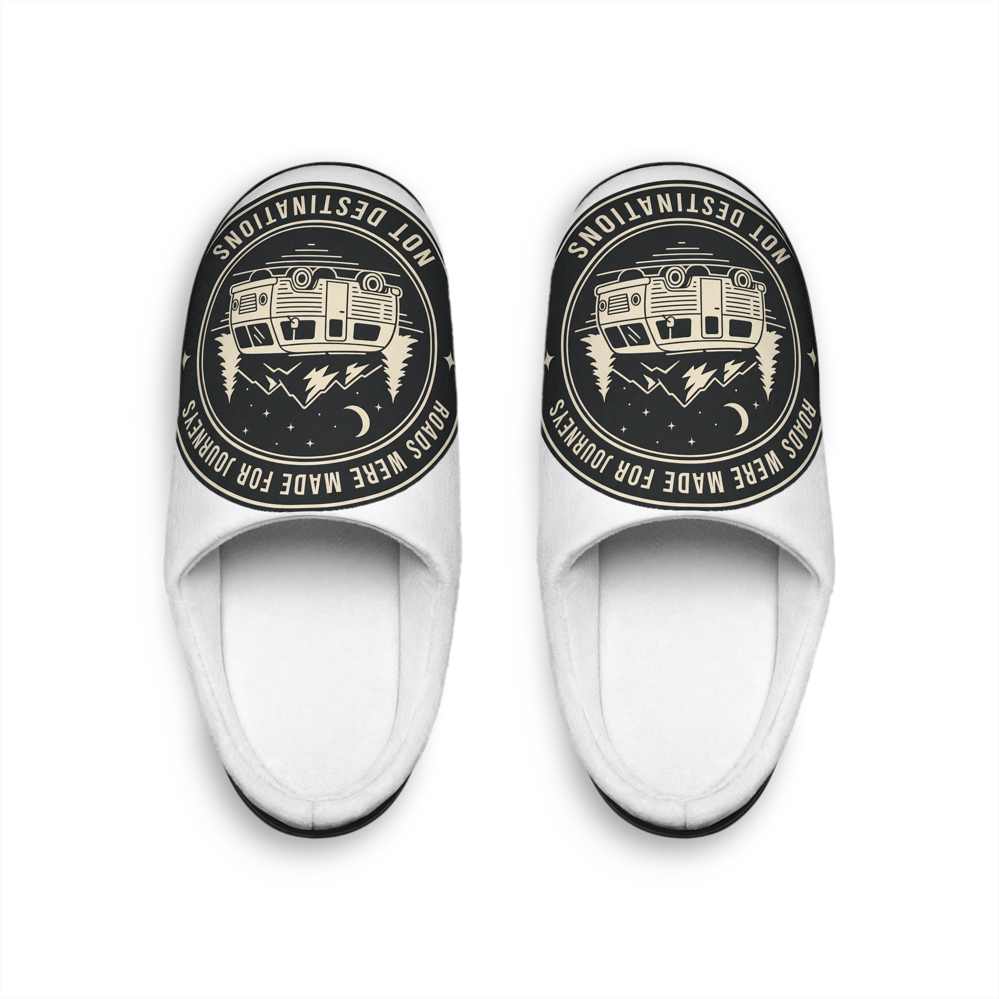 Men's Indoor Slippers — "ROAD WHERE MADE FOR JOURNEYS-NOT DESTINATIONS" Retro Camper Patch
