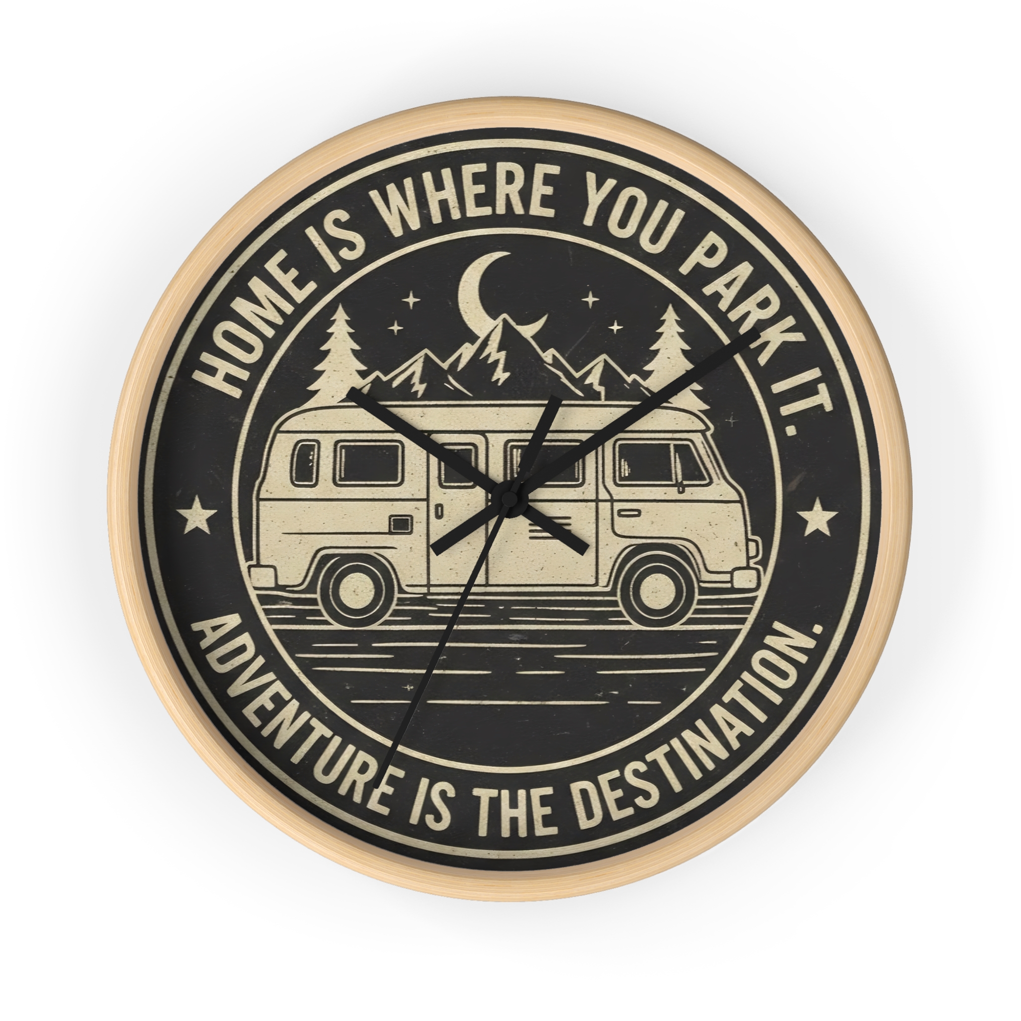Wall Clock — "Home Is Where You Park It-Adventure is the destination" Camper Van Mountain Travel Timepiece