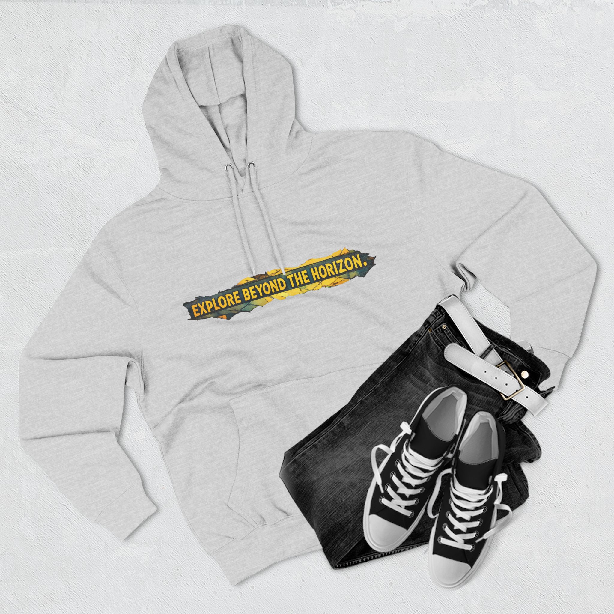 Three-Panel Fleece Hoodie - "Explore Beyond The Horizon" Design Cubic-Line