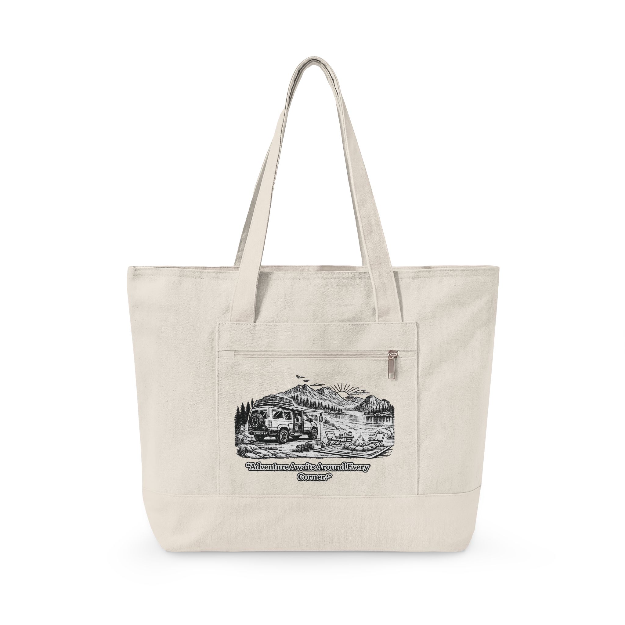 11106517689483527508_2048.jpeg Zippered Canvas Tote — "Adventure Awaits Around Every Corner" (Design Minimal-Line)