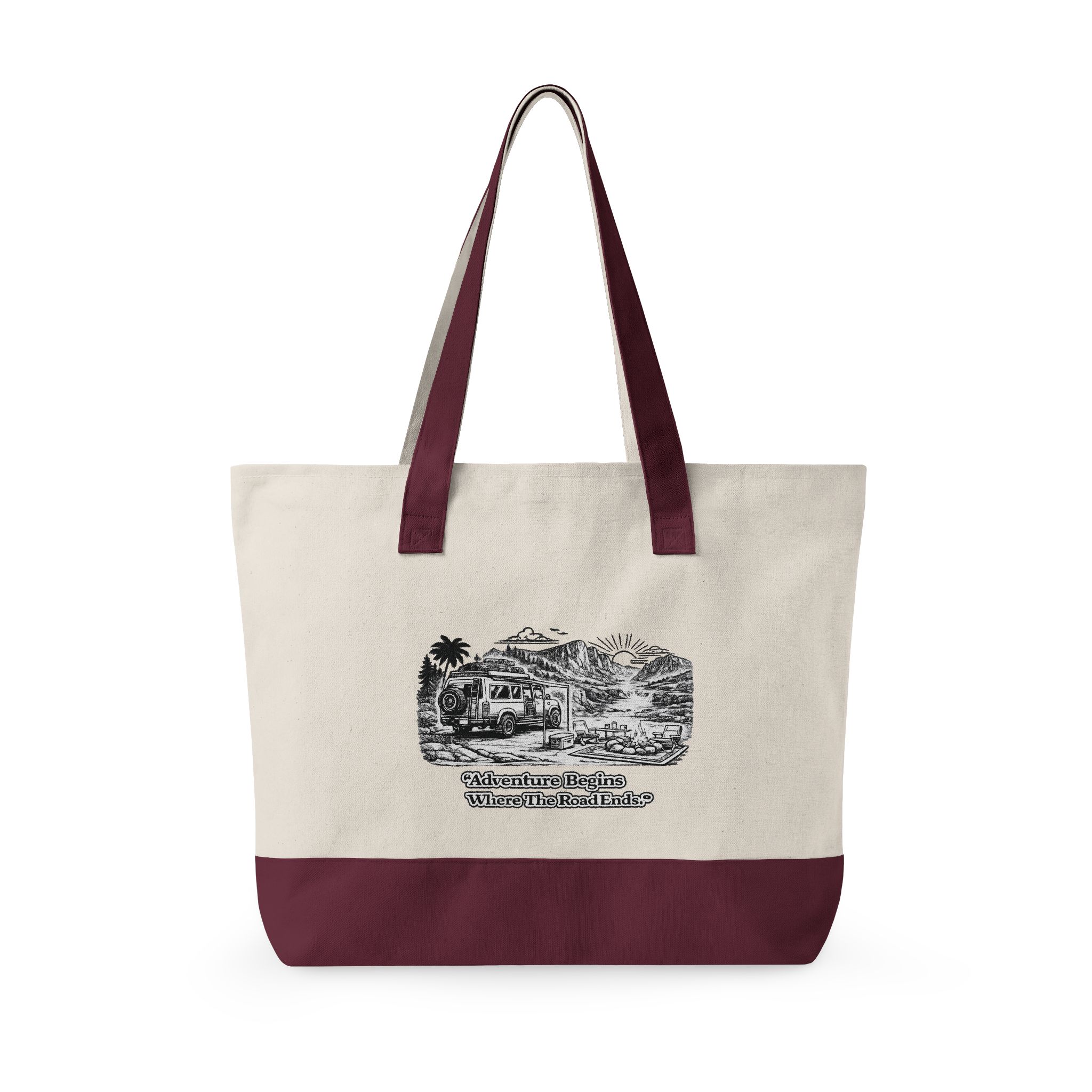 Zippered Canvas Tote — "Adventure Begins Where the Road Ends" (Design Minimal-Line)