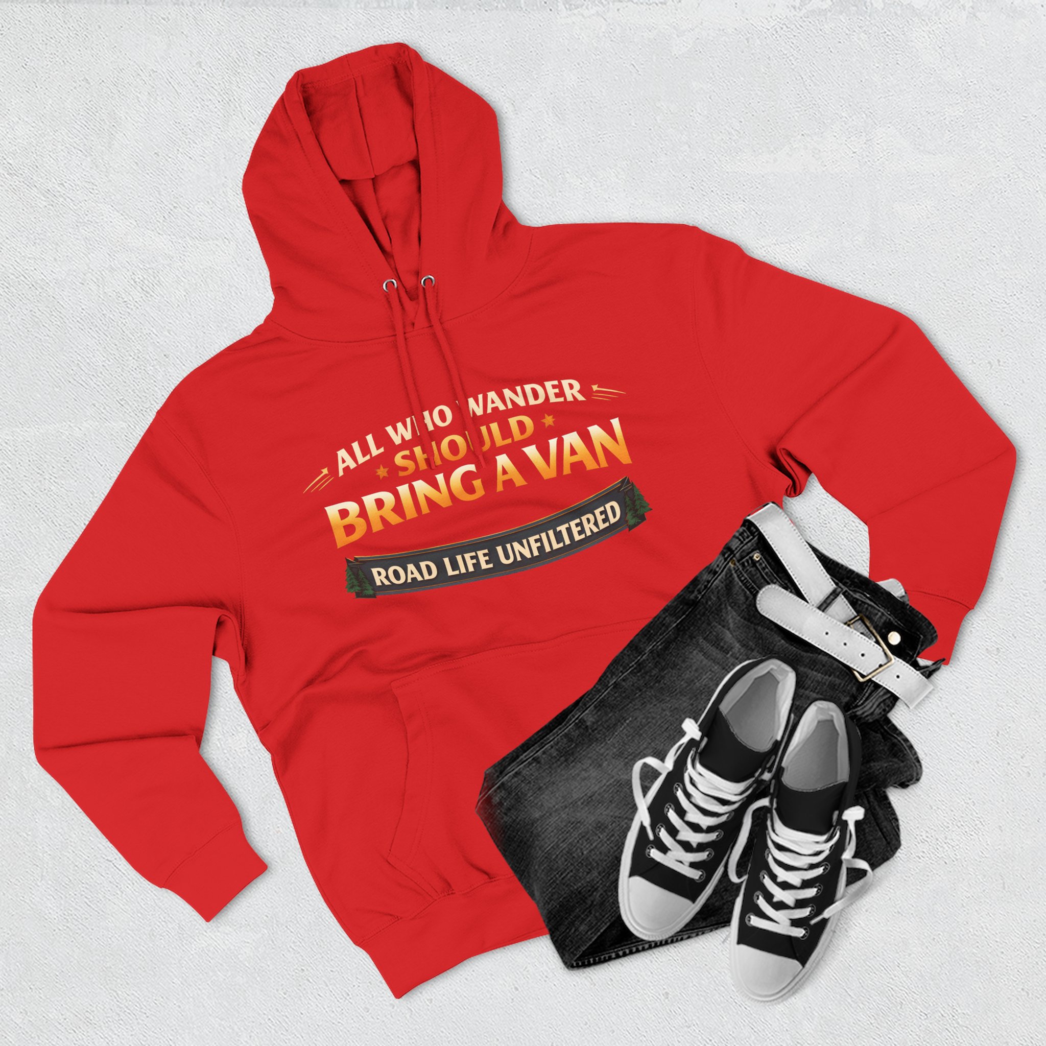 Three-Panel Fleece Hoodie - "All Who wander Should Bring A Van" Design Scenic-Line