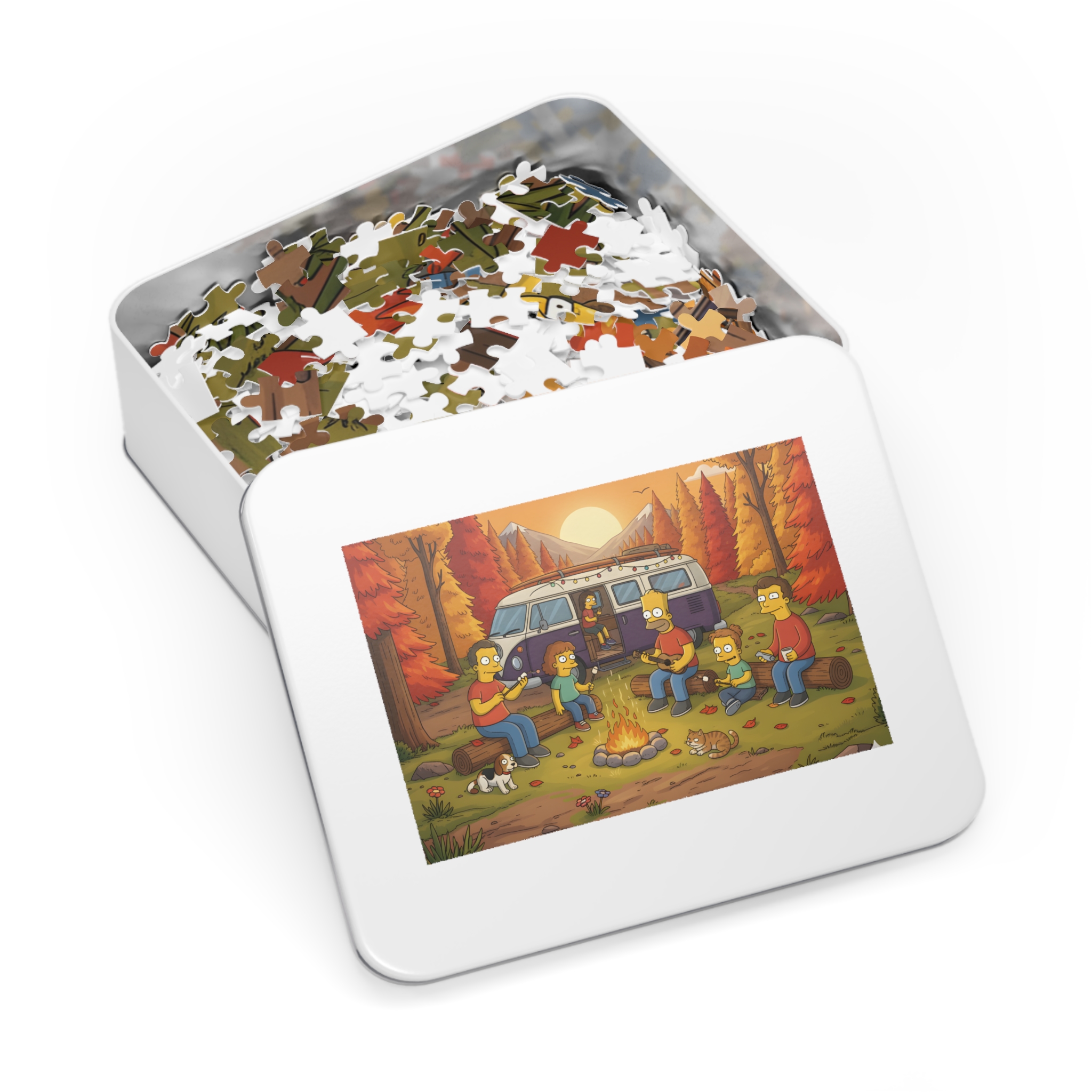 Jigsaw Puzzle with Tin — Autumn Van Bonfire Scene