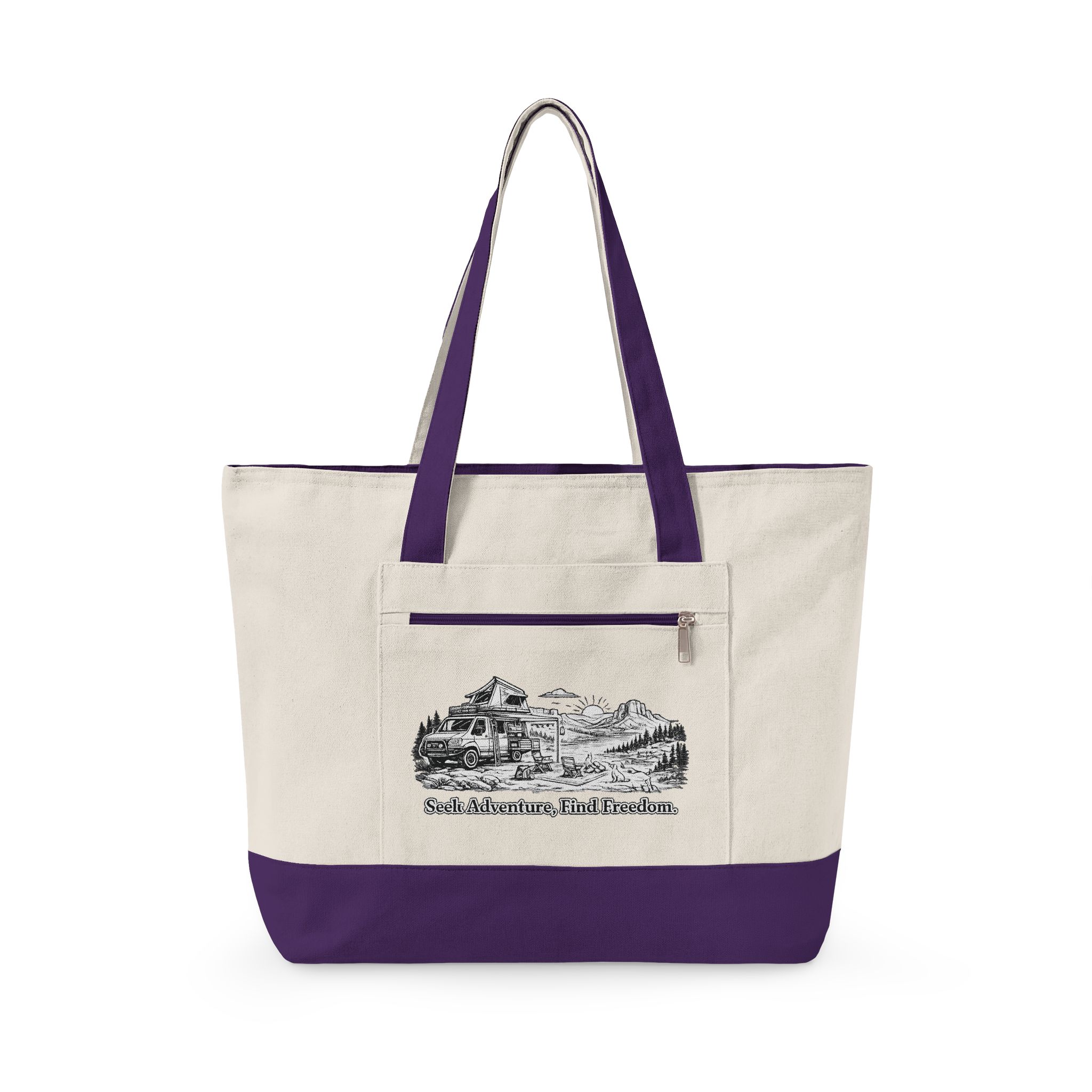 Zippered Canvas Tote — "Seek Adventure, Find Freedom" (Design Minimal-Line)