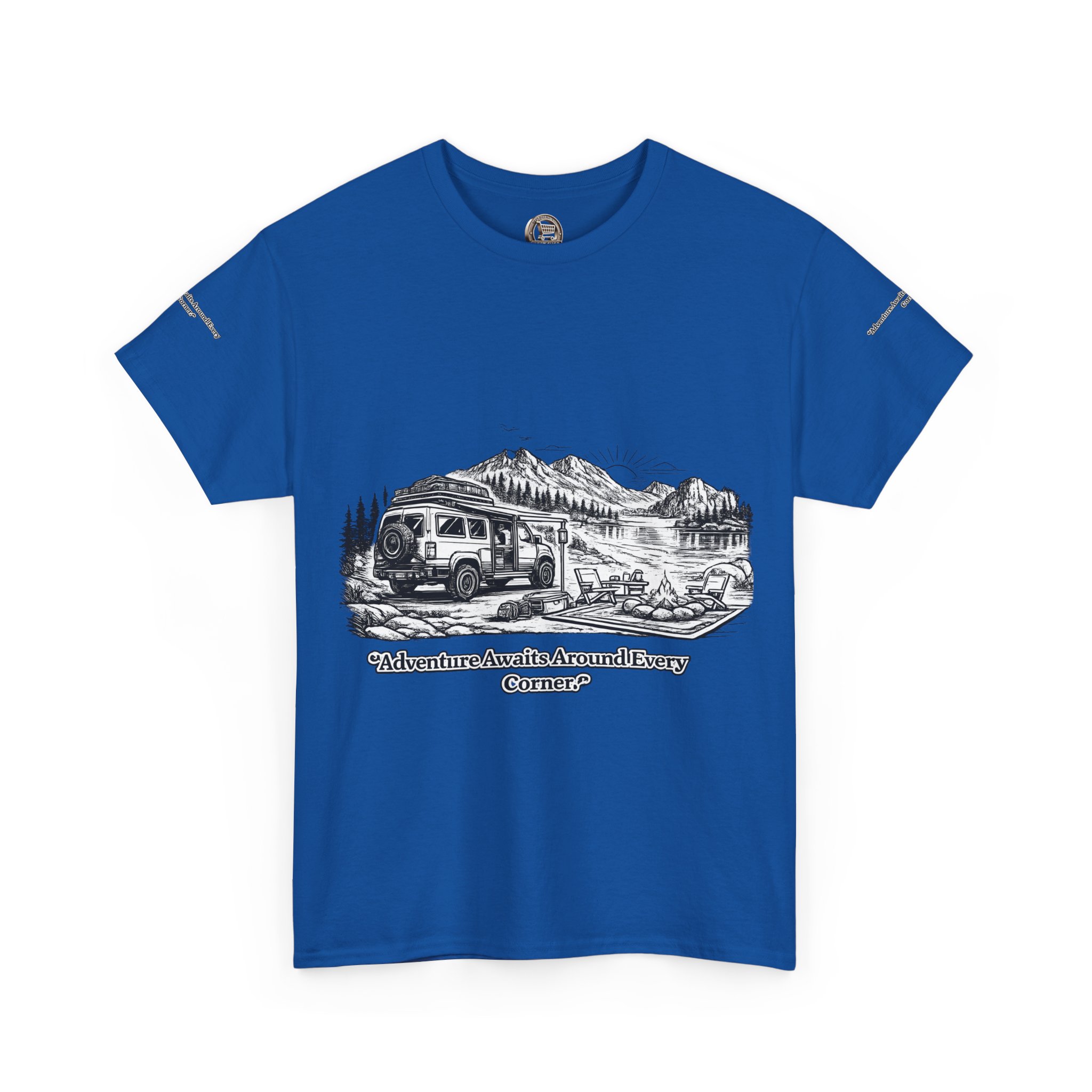 Unisex Heavy Cotton Tee — "Adventure Awaits Around Every Corner" Design Minimal-Line