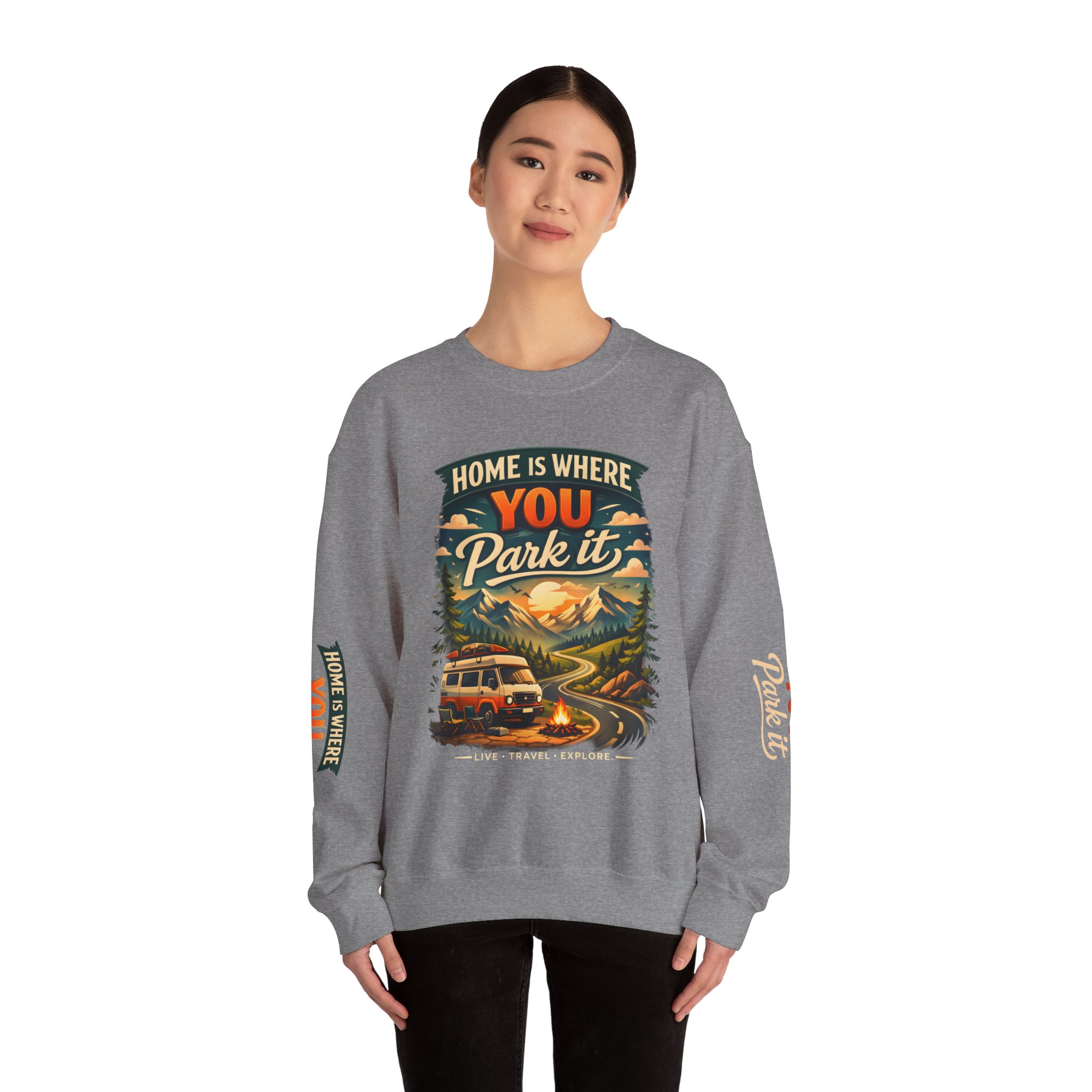 Unisex Heavy Blend™ Crewneck Sweatshirt — "Home Is Where You Park It" Design Scenic-Line