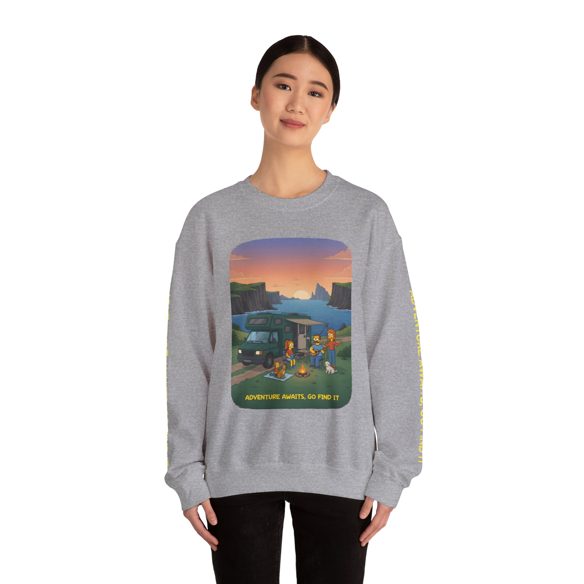 Unisex Heavy Blend™ Crewneck Sweatshirt — "Adventure Awaits-Go Find It"" Design Sitcom-Line
