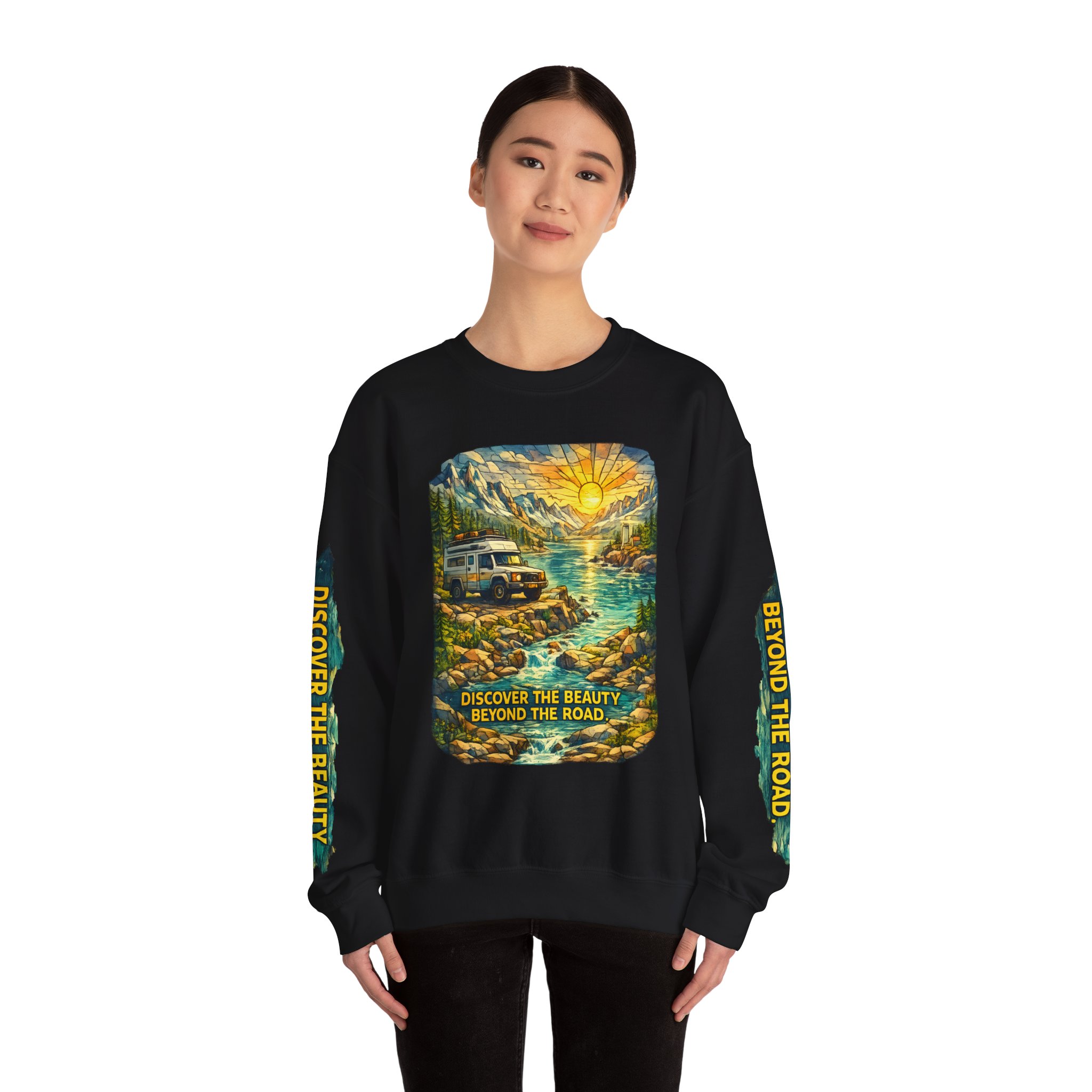 Unisex Heavy Blend™ Crewneck Sweatshirt — "Discover The Bieuty Beyond The Road" Design Cubic-Line