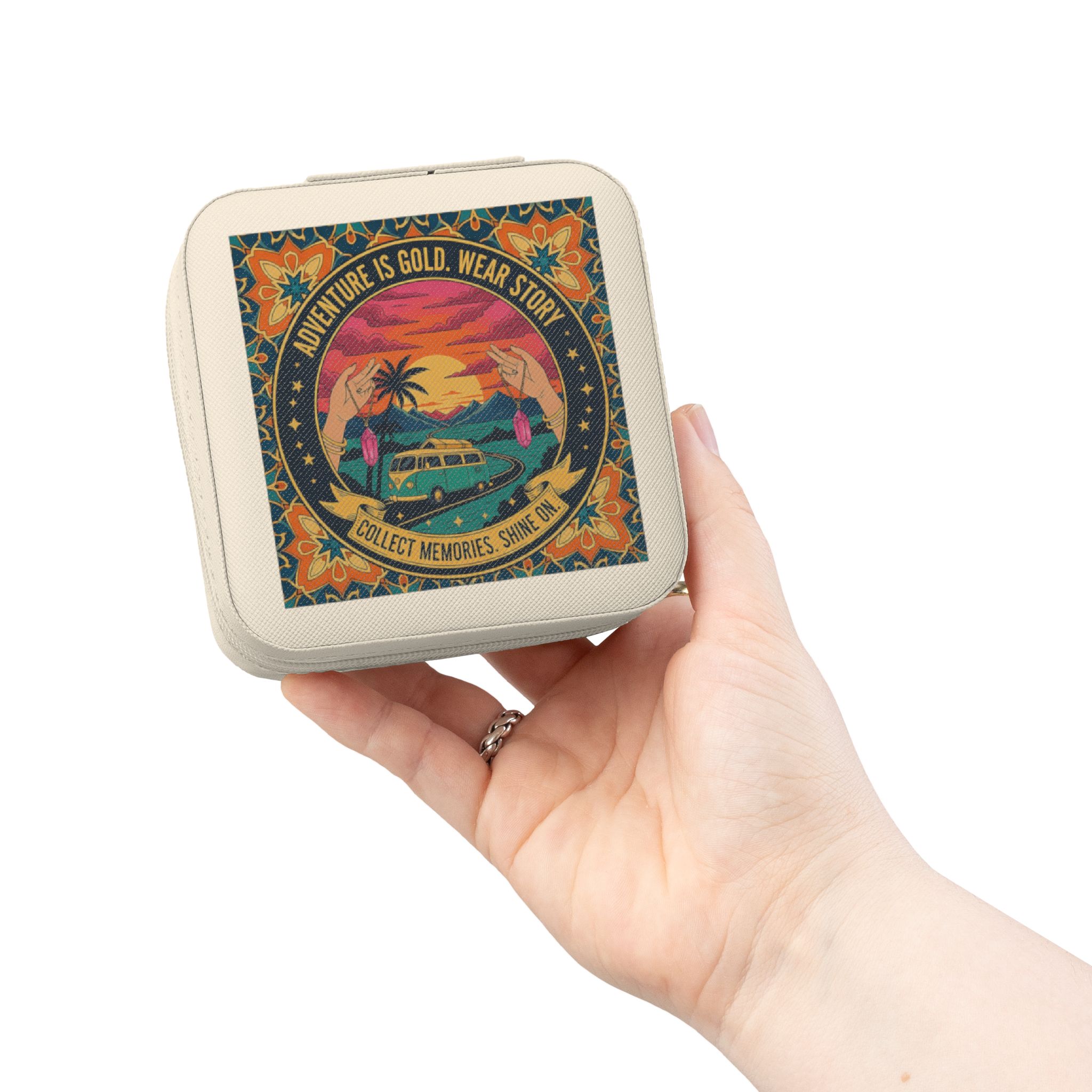 Retro Sunset Jewelry Travel Case — Compact Organizer for Rings, Earrings & Necklaces