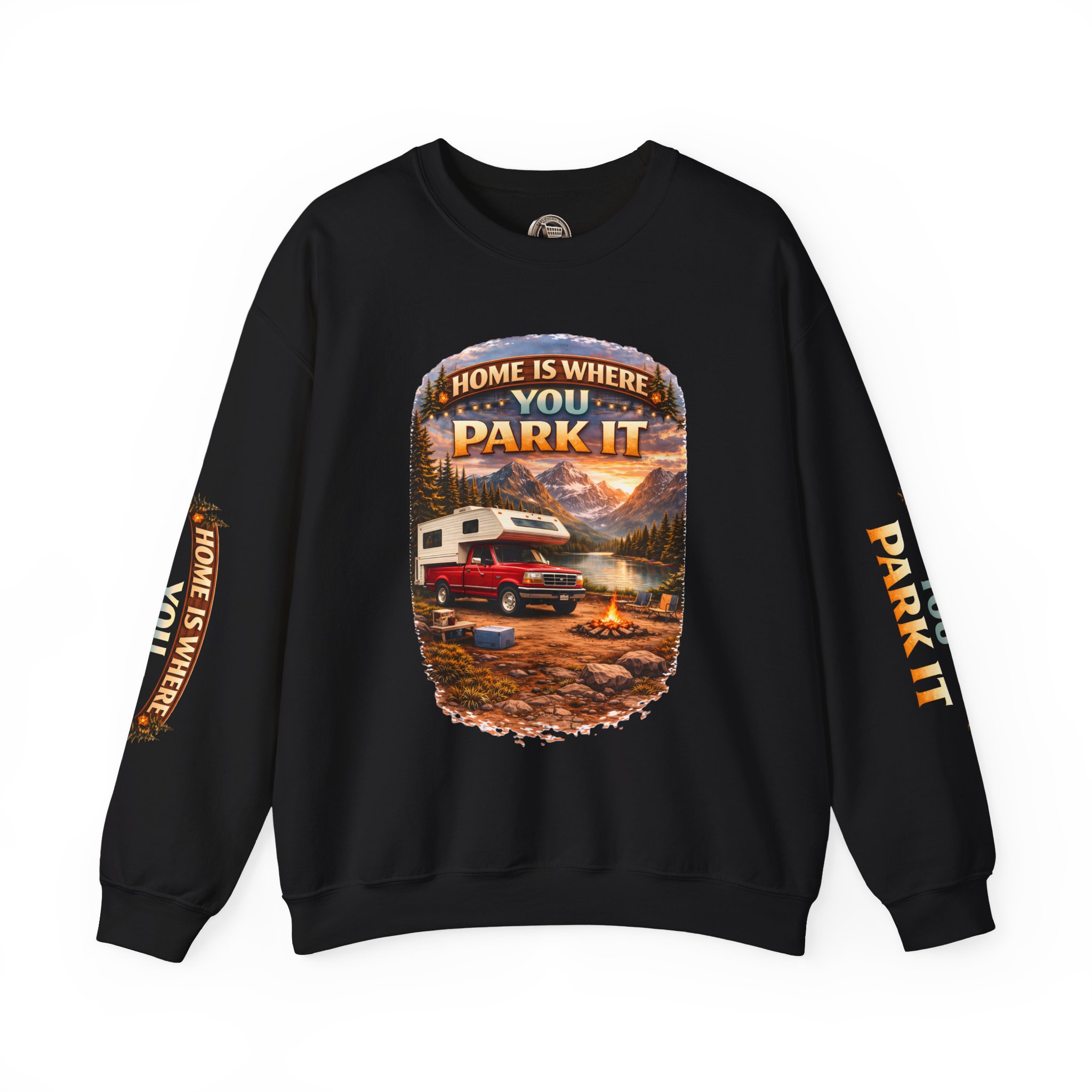 Unisex Heavy Blend™ Crewneck Sweatshirt — "Home Is Where You Park It" Design Scenic-Line