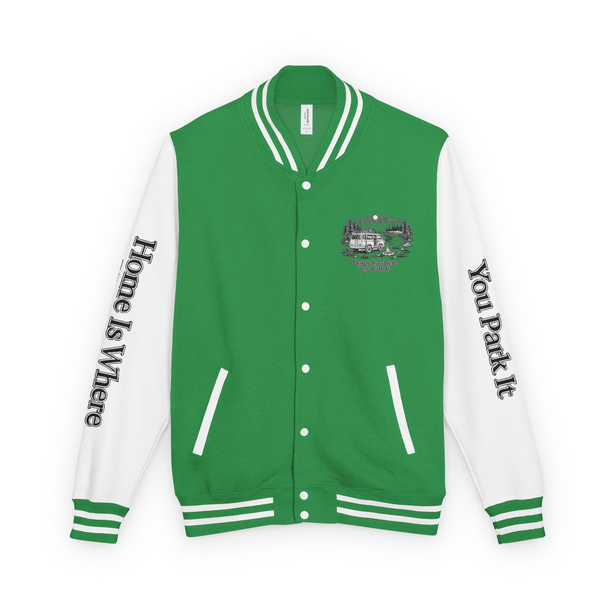 Unisex Heavyweight Letterman Jacket — "Home Is Where You Park It" Travel Varsity Coat