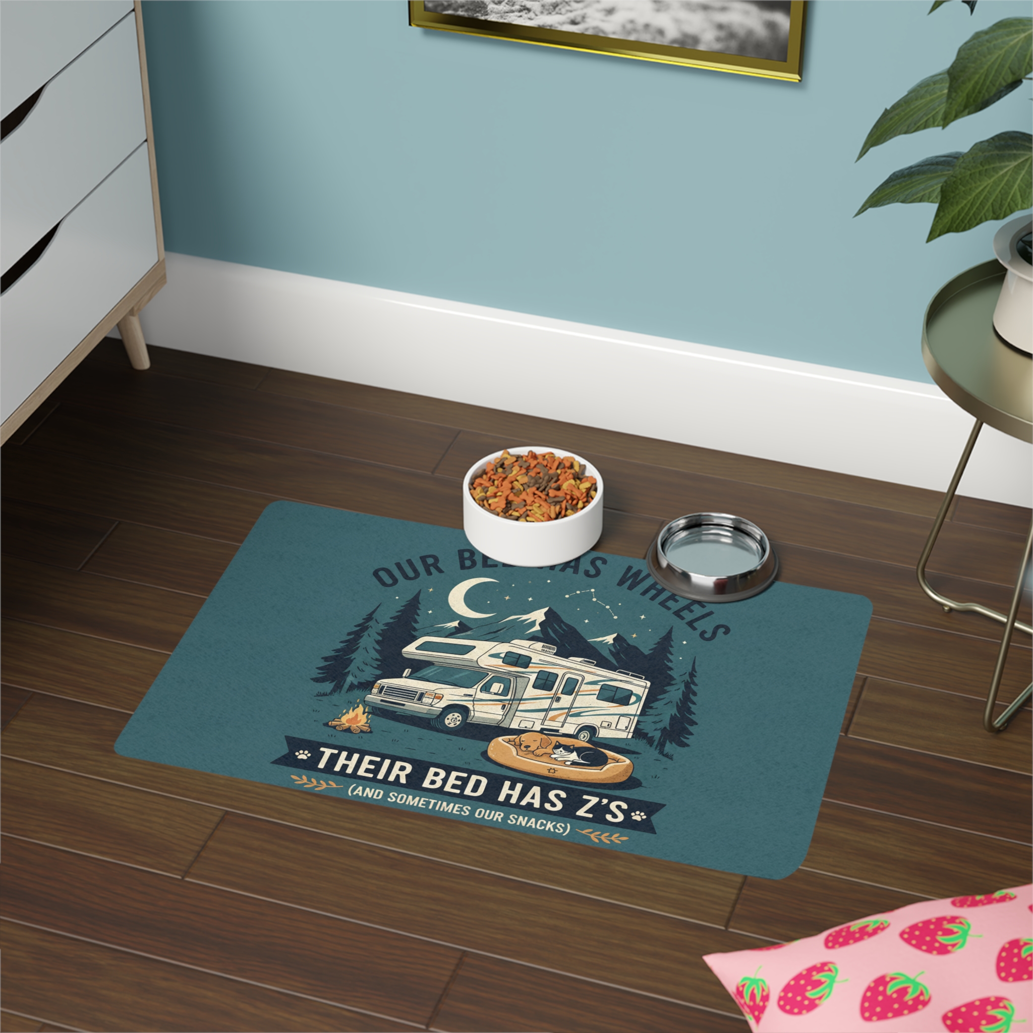 Pet Food Mat – RV Camper Design “Our Bed Has Wheels, Their Bed Has Z’s” (12x18)