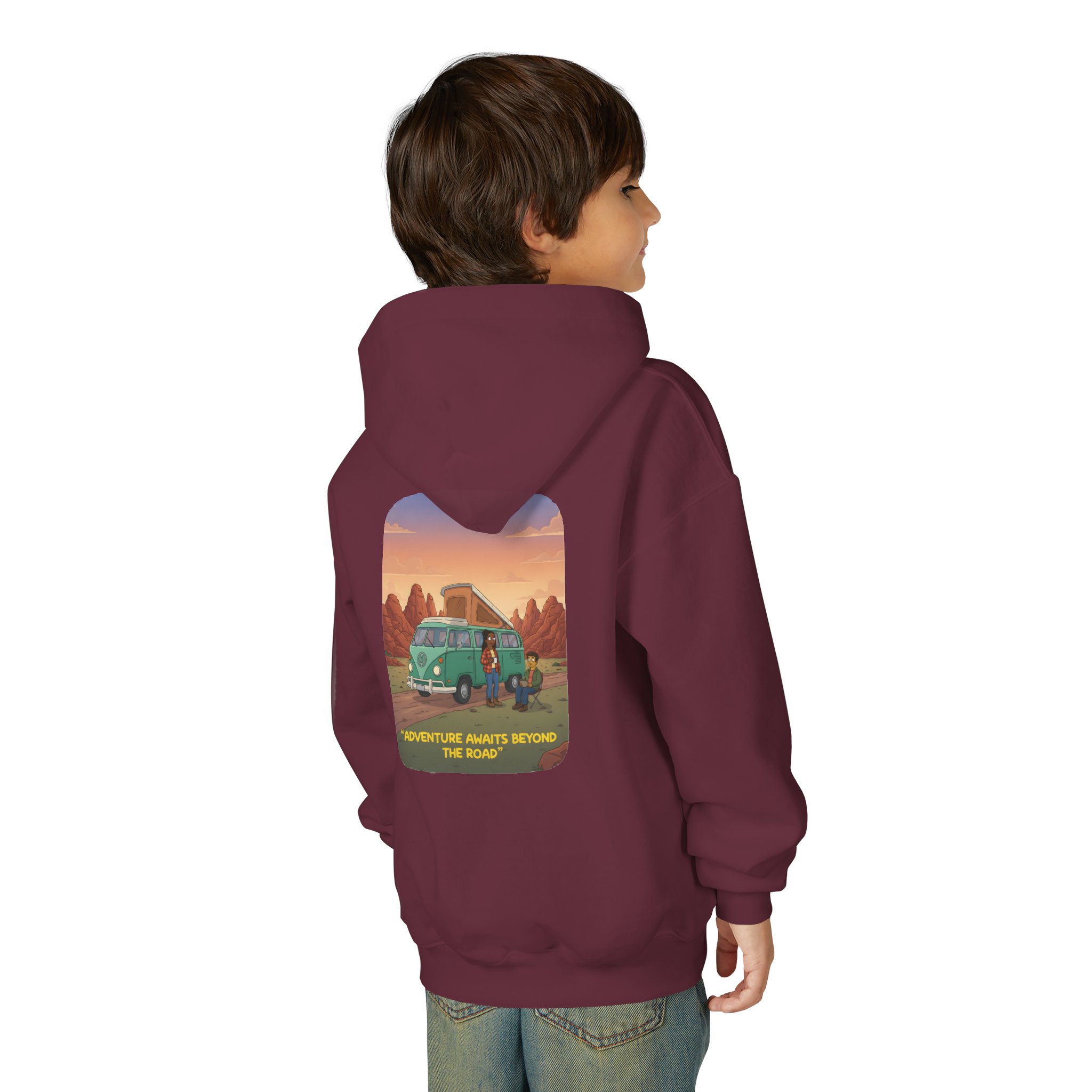 Youth Hoodie(Gildan) – "Adventure Awaits Beyond The Road" (Design Sitcom-Line)
