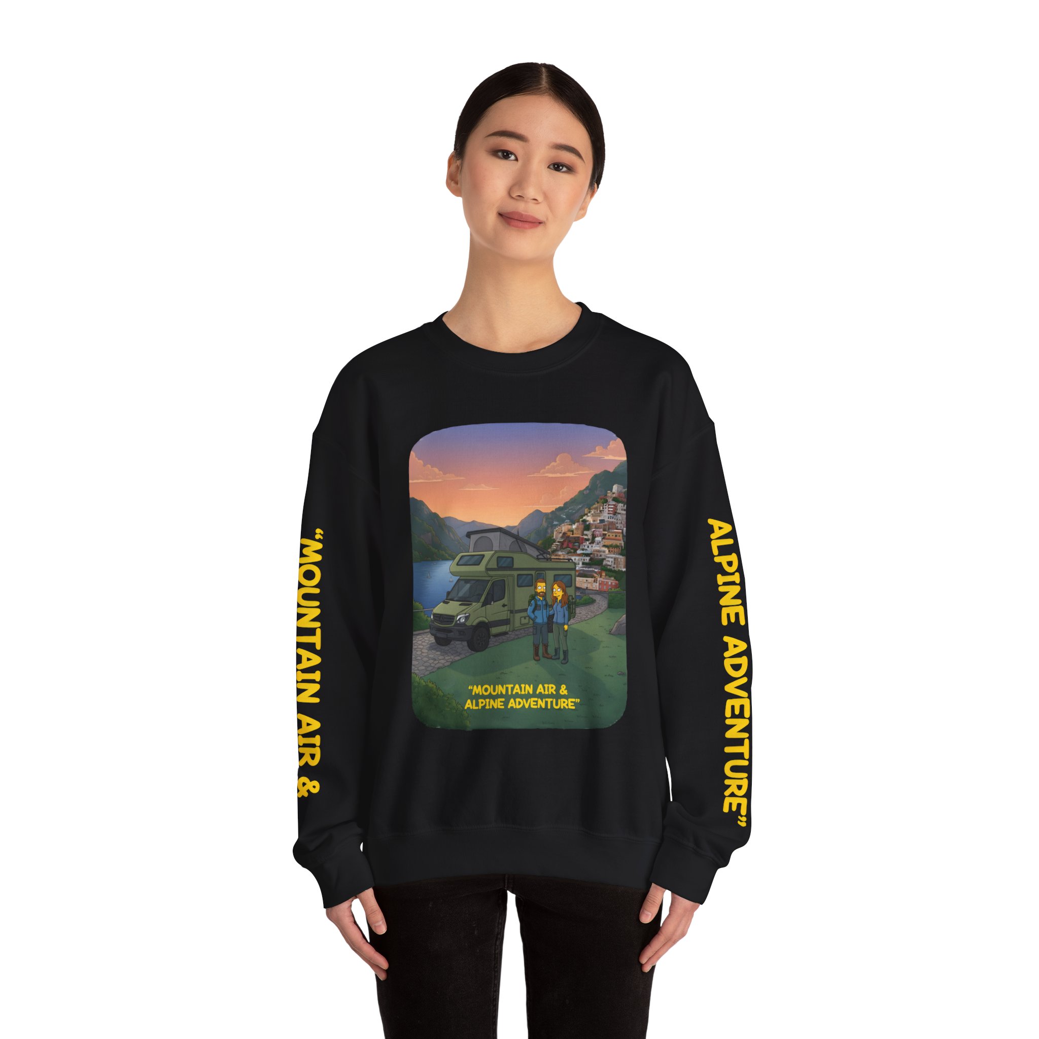 Unisex Heavy Blend™ Crewneck Sweatshirt — "Mountain Air And Alpine Adventure"" Design Sitcom-Line