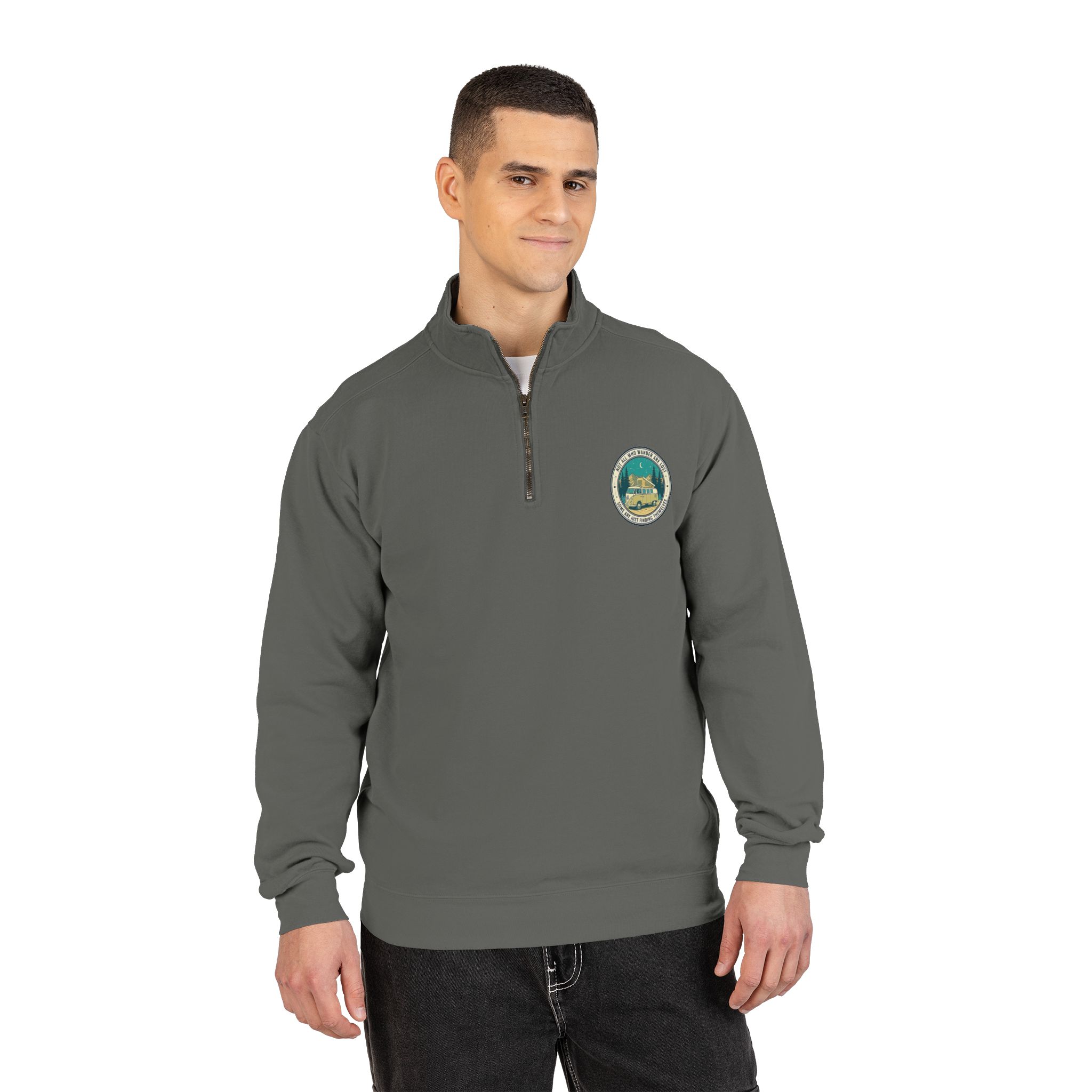 Quarter-Zip Sweatshirt(Comfort Colors®) — "Not All Who Wander Are Lost" Retro Camper Pullover
