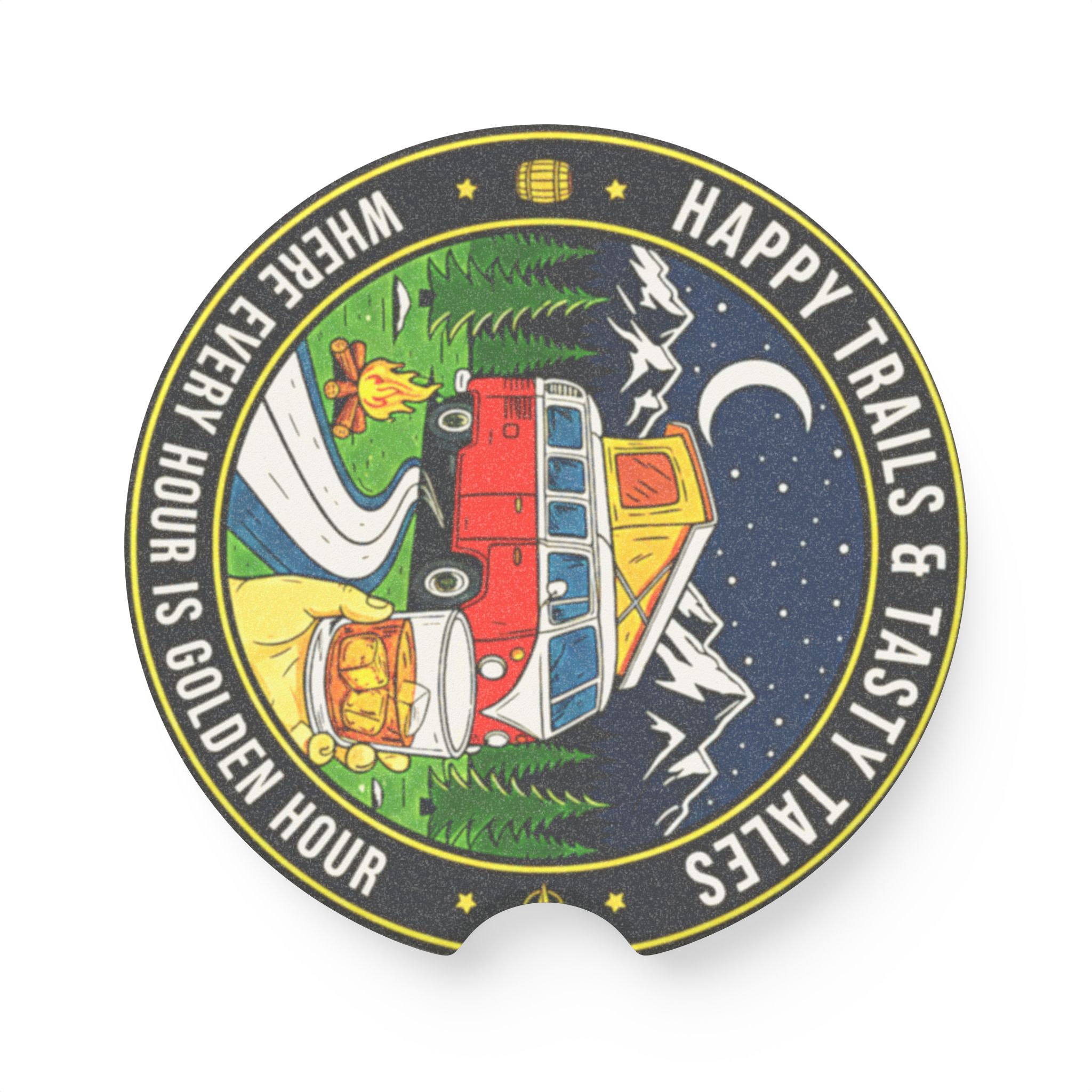 Soapstone Car Coaster — "Happy Trails & Tasty Tales" Retro Camper Night Drive Design