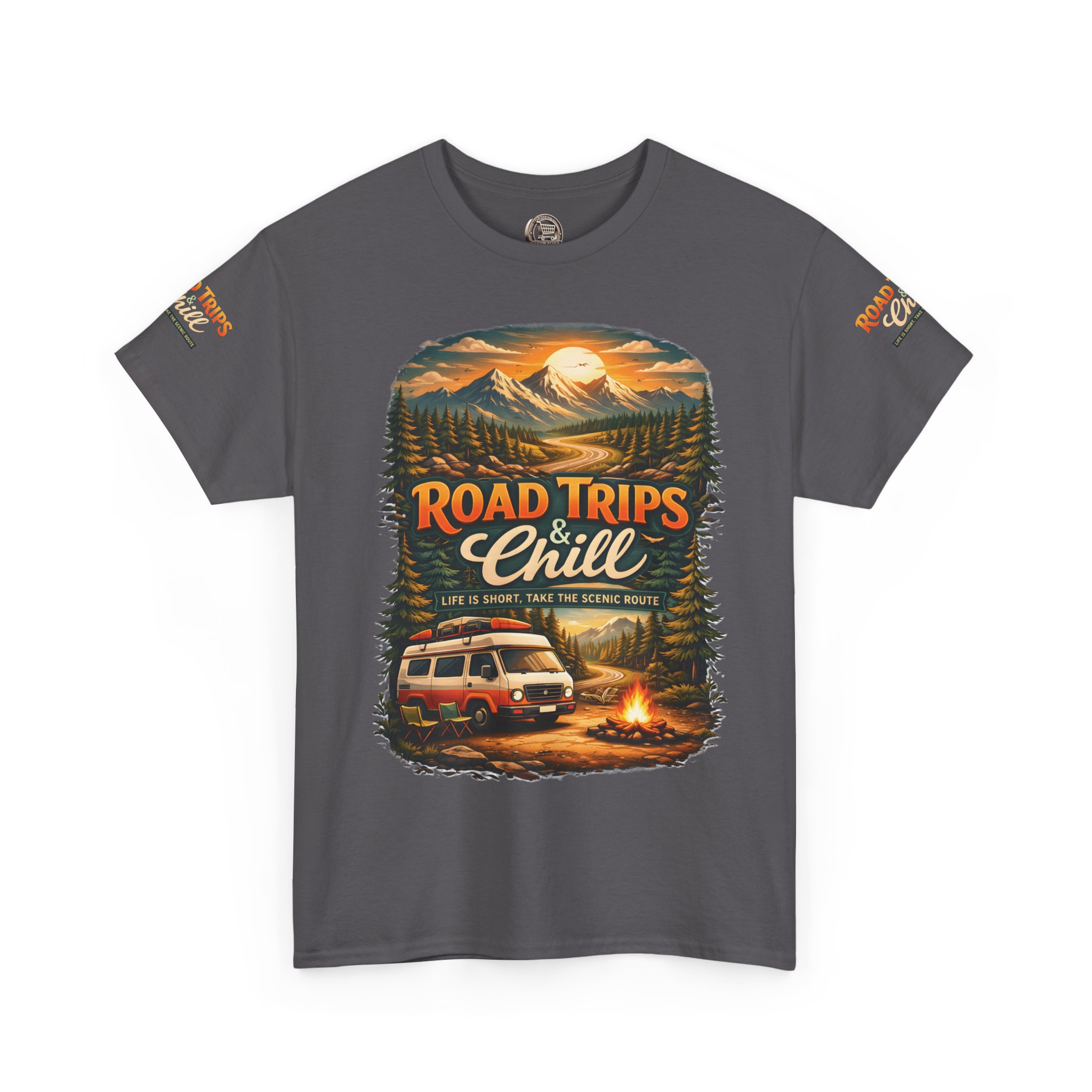 Unisex Heavy Cotton Tee — "Road Trips & Chill" Design Scenic-Line