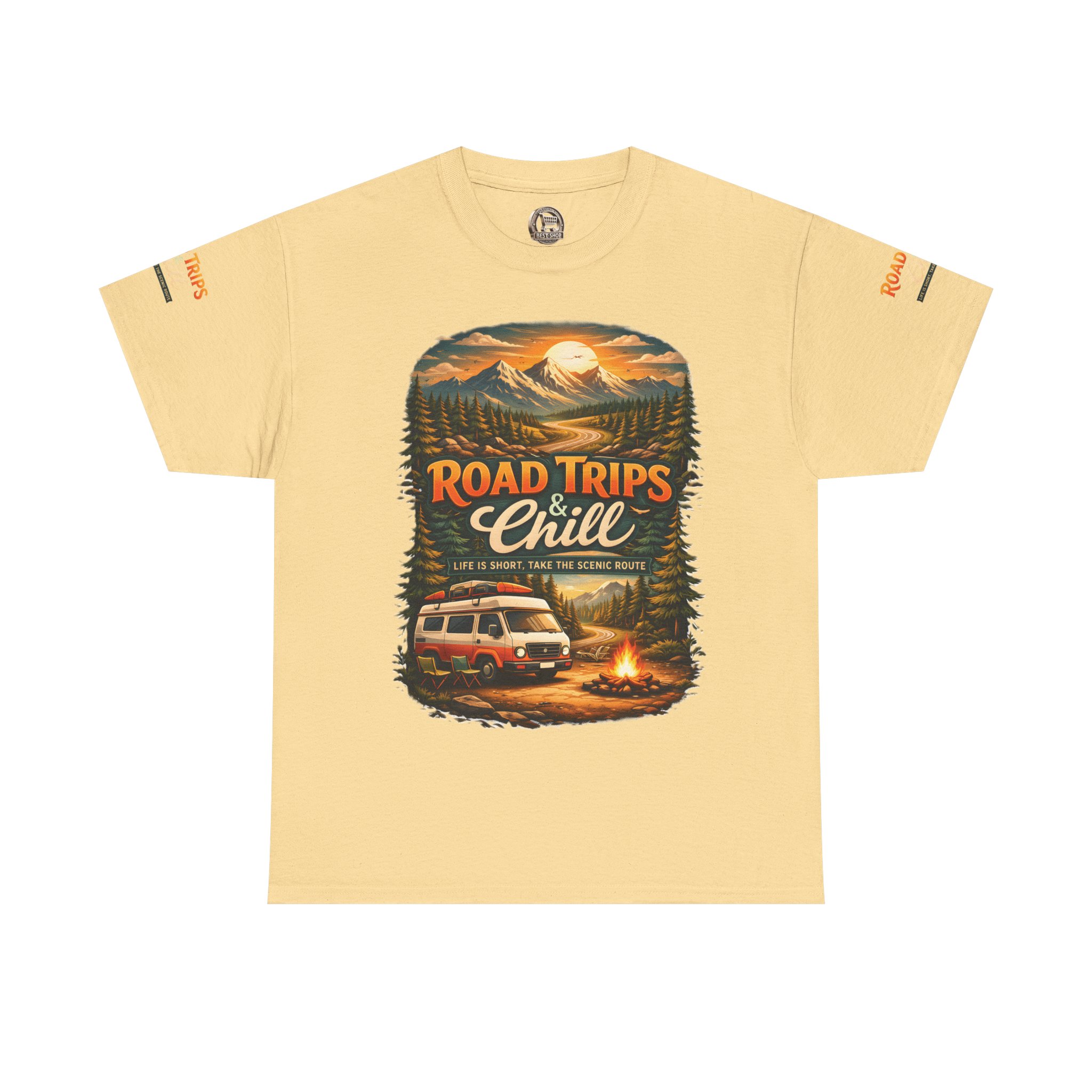 Unisex Heavy Cotton Tee — "Road Trips & Chill" Design Scenic-Line