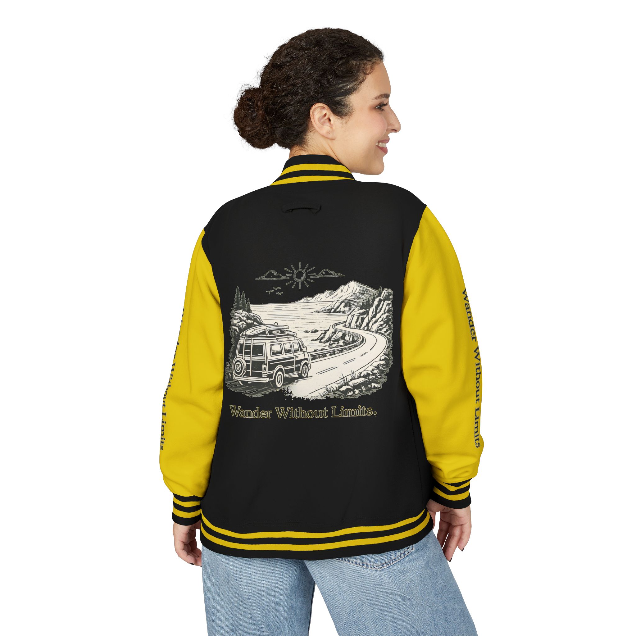 Unisex Heavyweight Letterman Jacket — "Wander Without Limits" Travel Varsity Coat