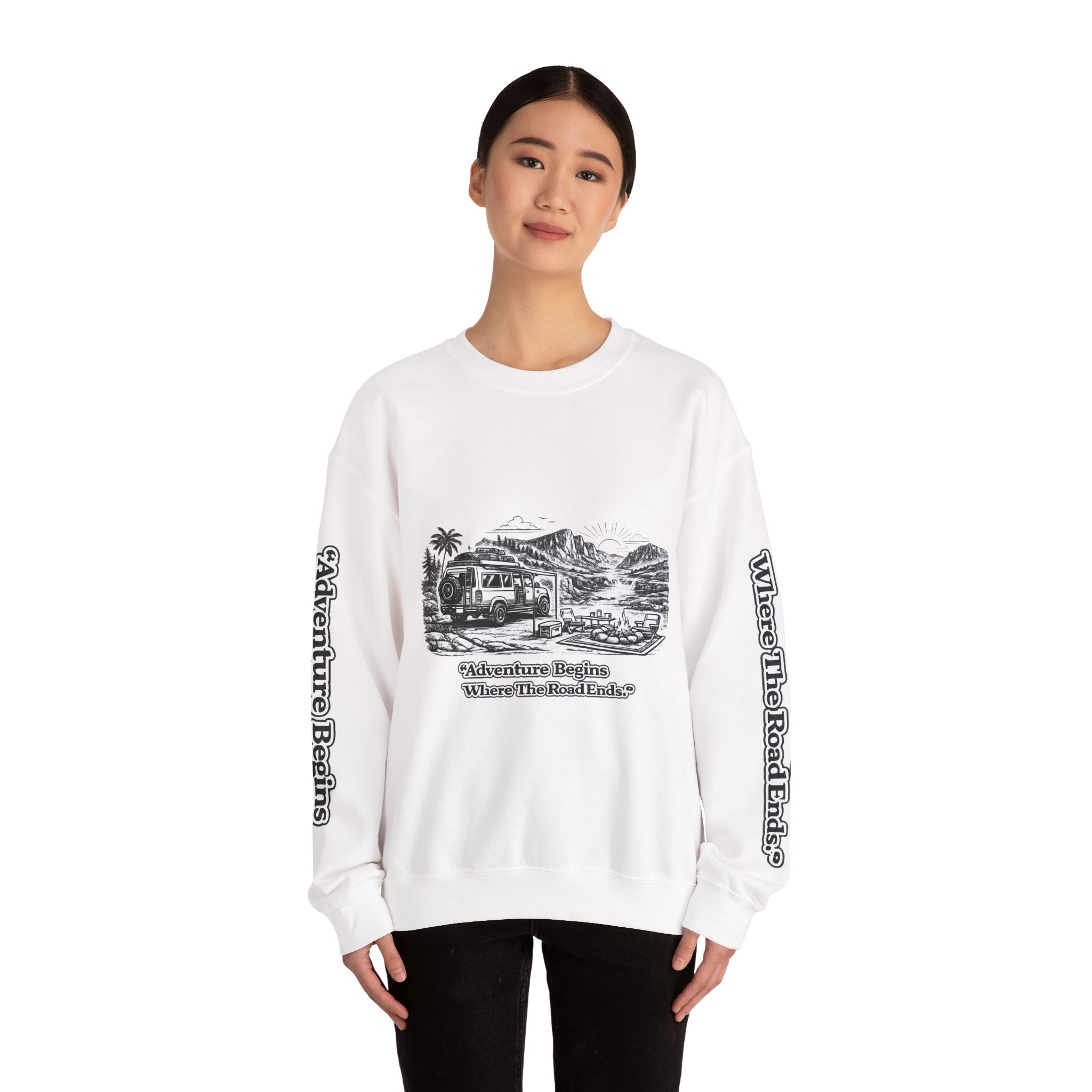 1122892859460488410_2048.jpeg Unisex Heavy Blend™ Crewneck Sweatshirt — "Adventure Begins Where The Road Ends" Design Minimal-Line