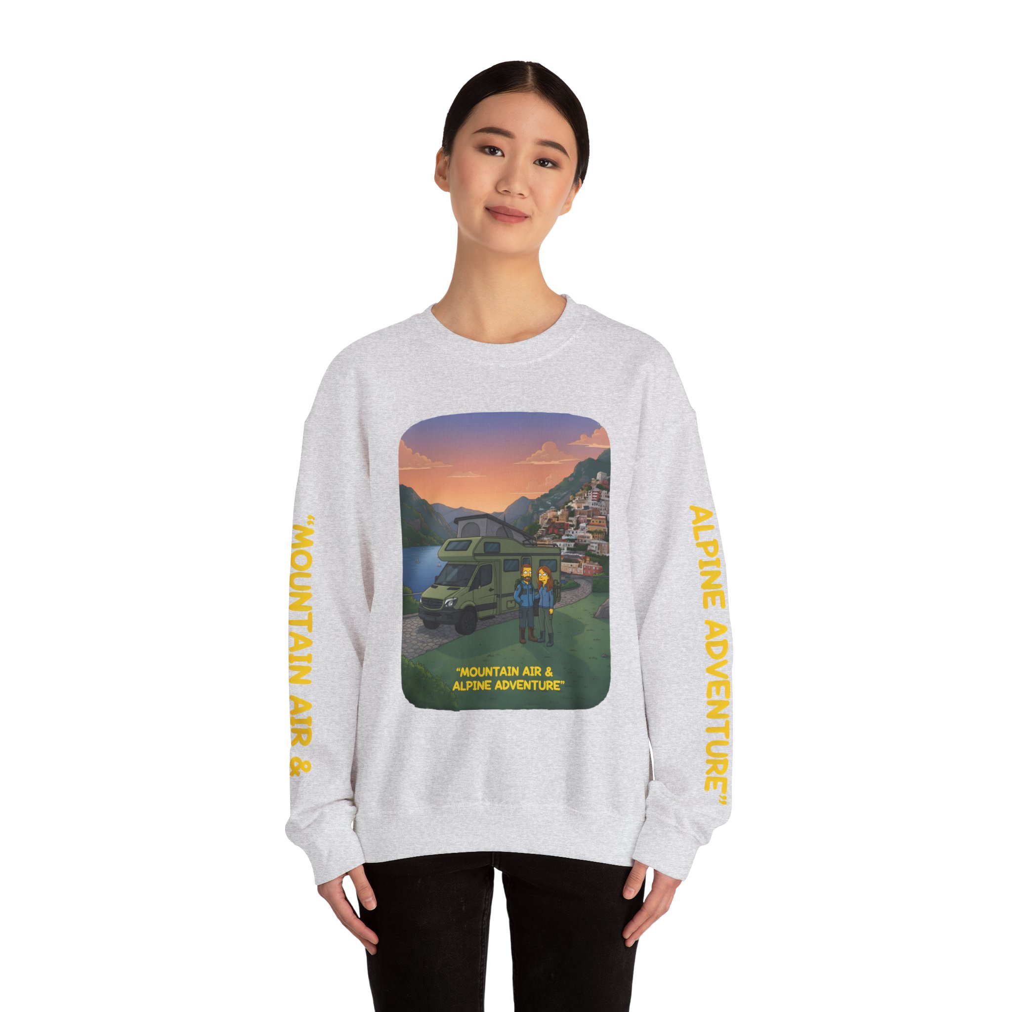 Unisex Heavy Blend™ Crewneck Sweatshirt — "Mountain Air And Alpine Adventure"" Design Sitcom-Line