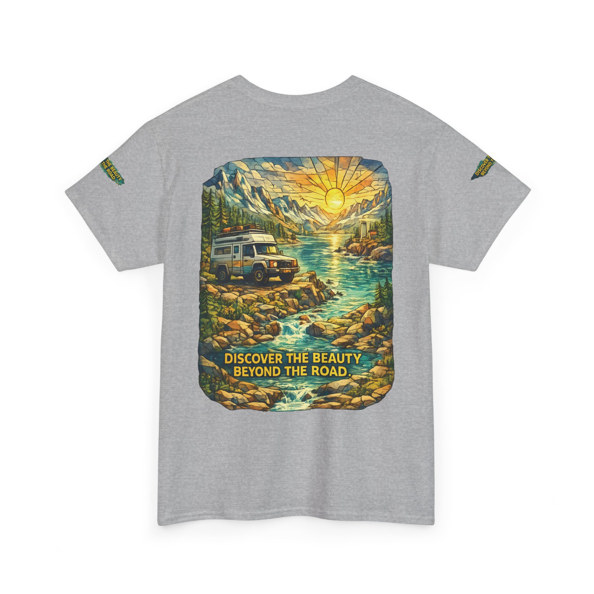 Unisex Heavy Cotton Tee — "Discover The Bieuty Beyond The Road" Design Cubic-Line