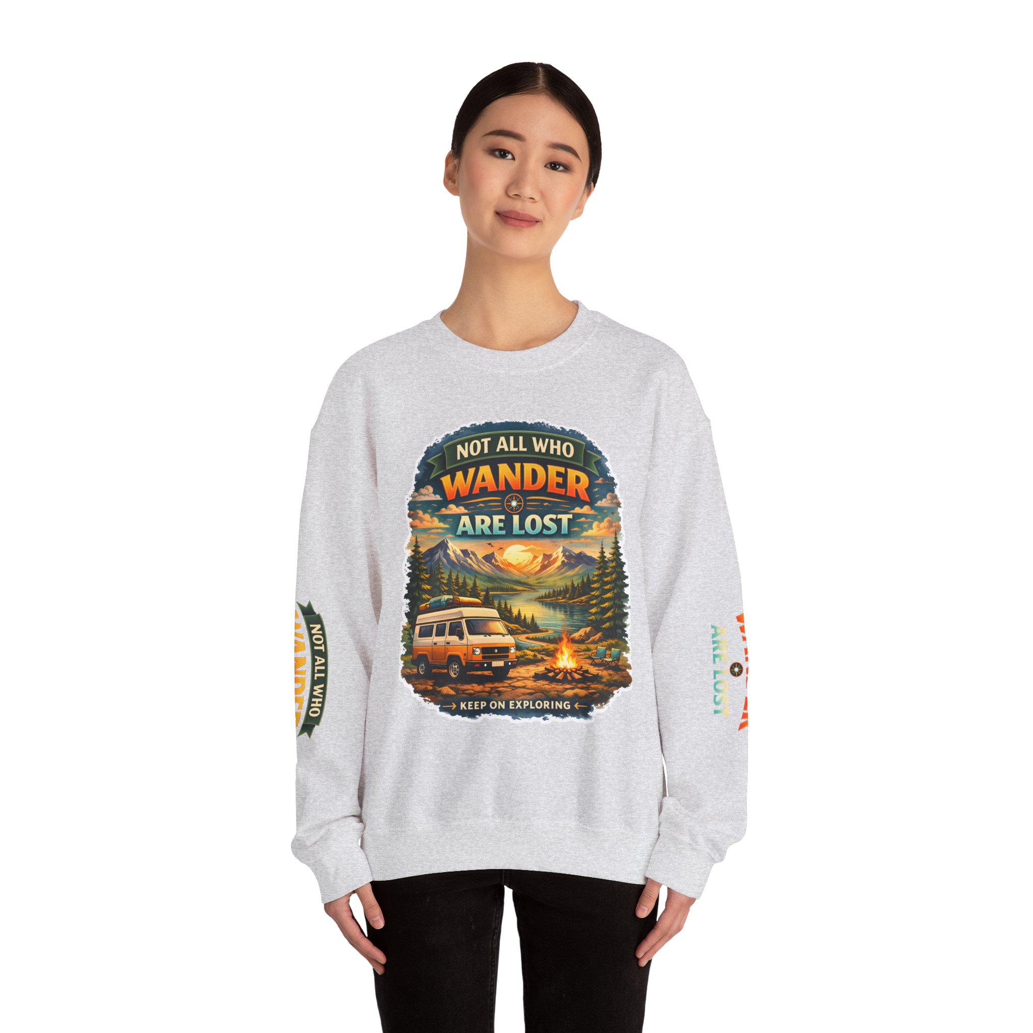 Unisex Heavy Blend™ Crewneck Sweatshirt — "Not All Who Wander Are Lost" Design Scenic-Line