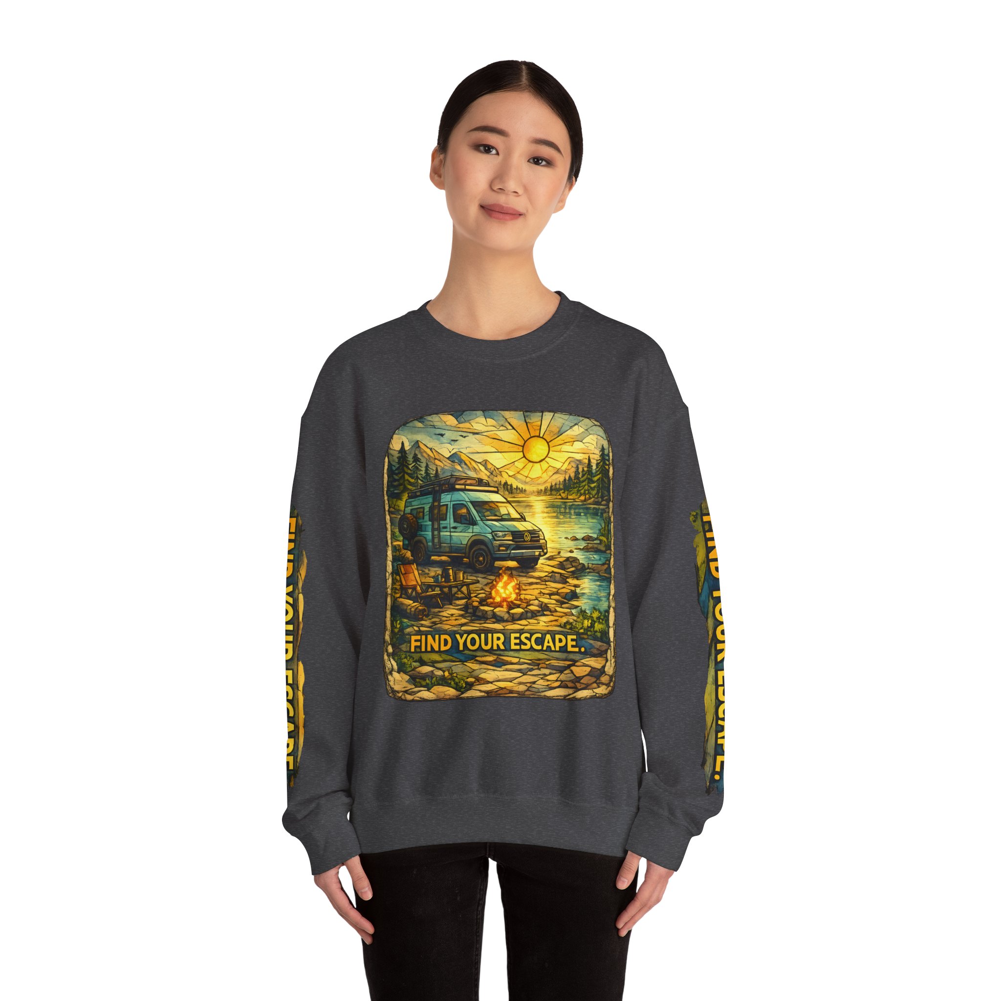 Unisex Heavy Blend™ Crewneck Sweatshirt — "Find Your Escape" Design Cubic-Line