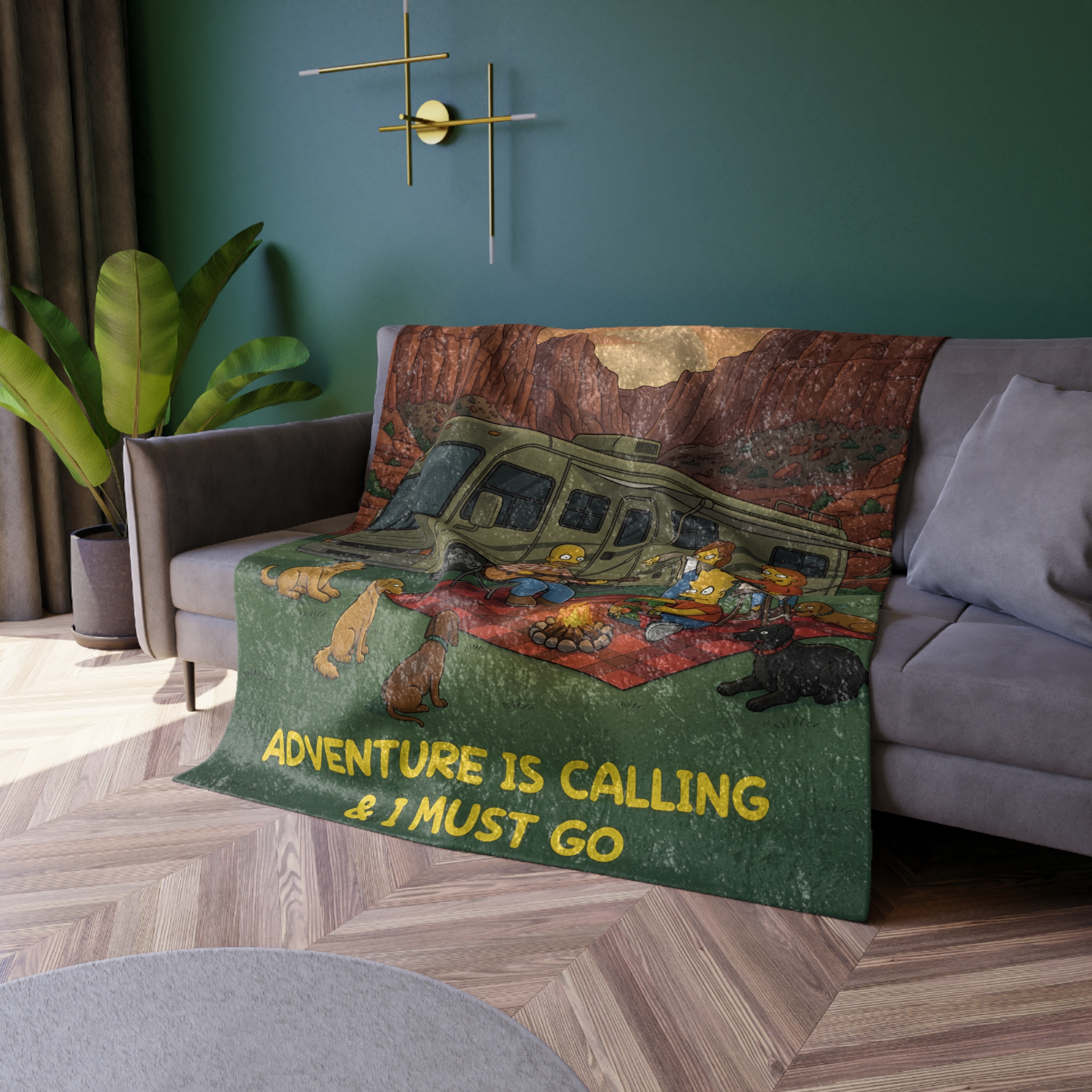 Crushed Velvet Blanket —"Adventure Is Calling-I Must Go" Design Sitcom-Line (Campervan)