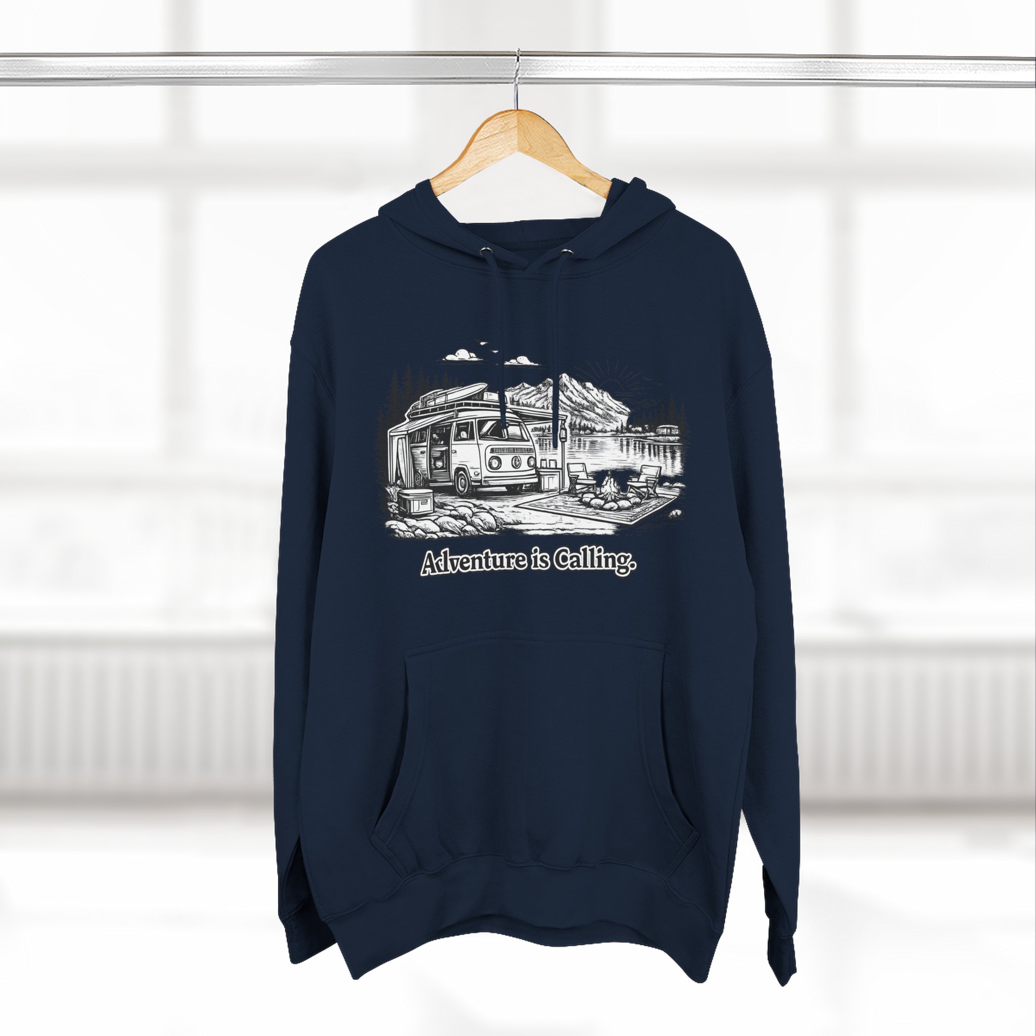 Three-Panel Fleece Hoodie - "Adventure Is Calling" Design Minimal-Line