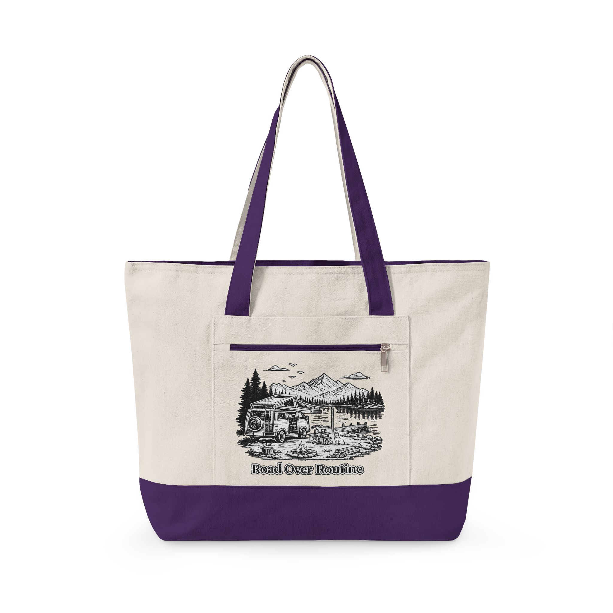 Zippered Canvas Tote — "Road Over Routine" (Design Minimal-Line)
