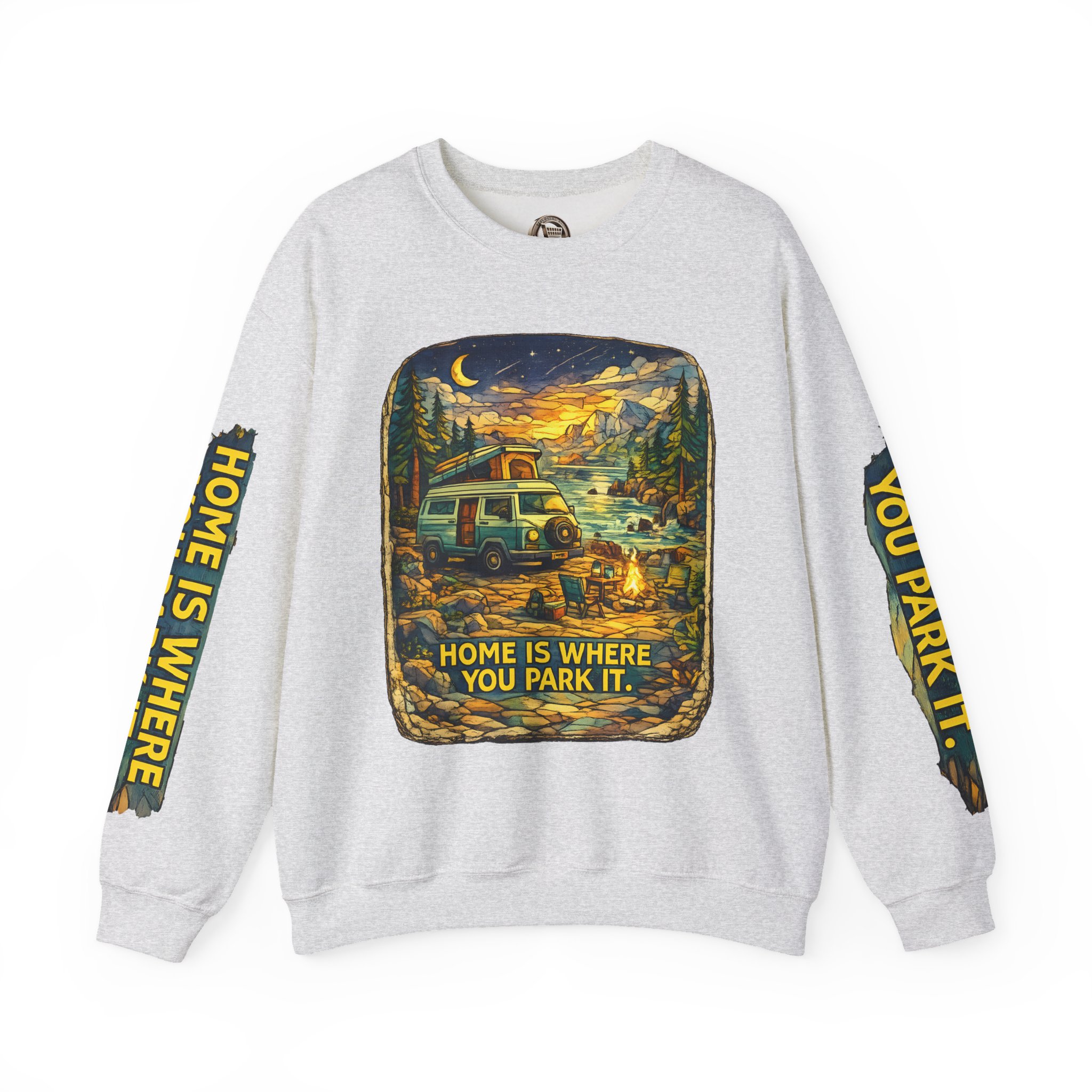 Unisex Heavy Blend™ Crewneck Sweatshirt — "Home Is Where You Park It" Design Cubic-Line
