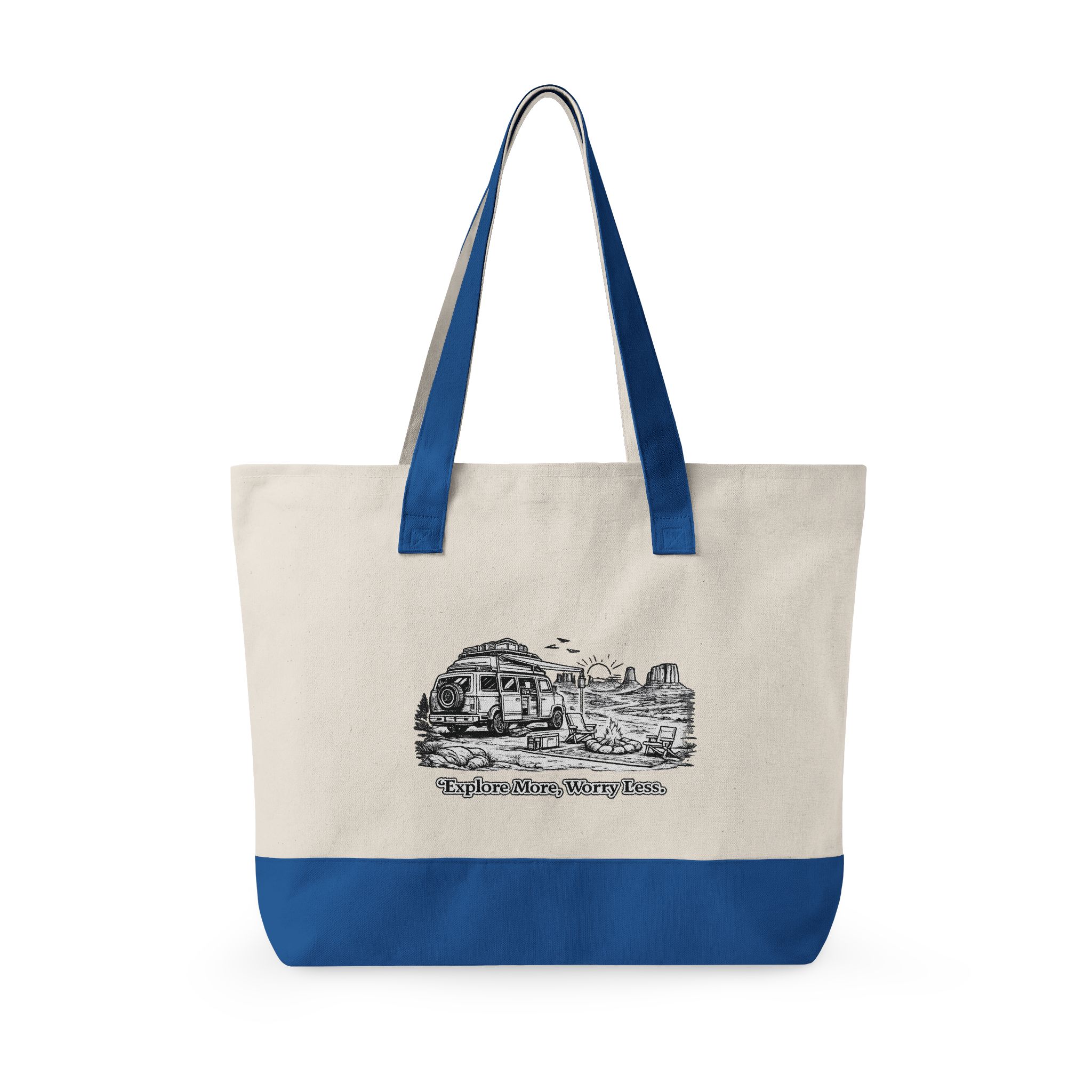 Zippered Canvas Tote — "Explore More, Worry Less" (Design Minimal-Line)