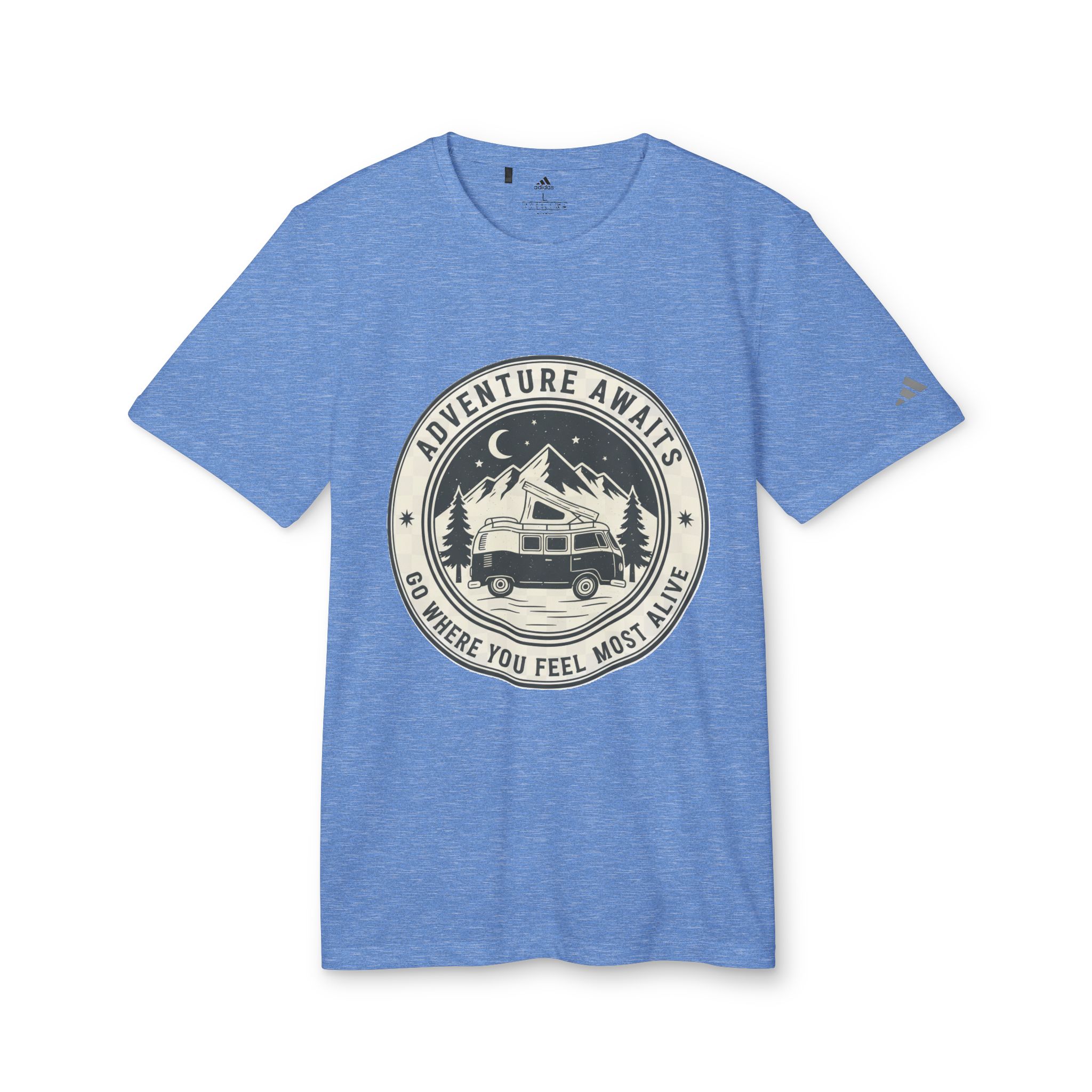 T-Shirt(Adidas) - 'Adventure Awaits-Go Where You Feel Most Alive' (Front + back printed)