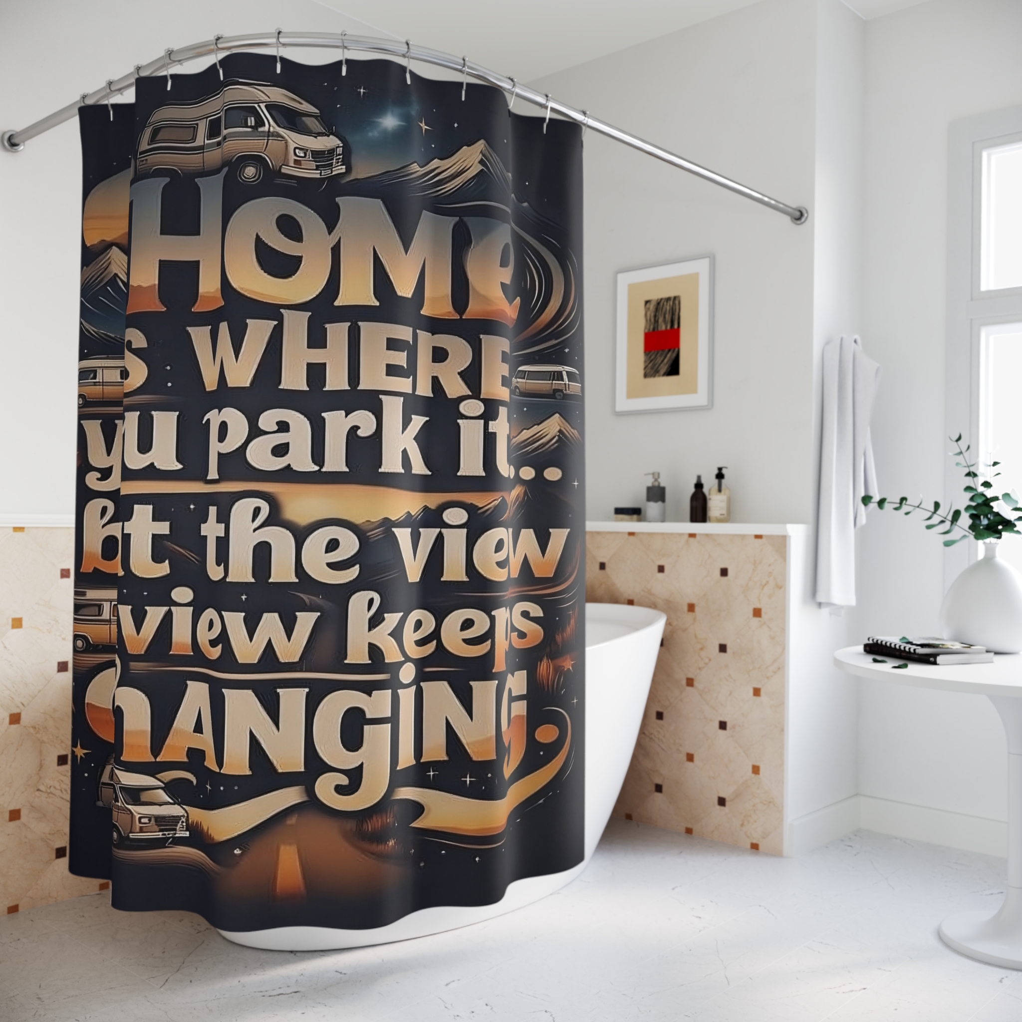"NEW"Vintage Cabin Seal Shower Curtain – "Home Is Where You Park It -But The View keep Changing" Rustic Mountain Lodge Bathroom Decor