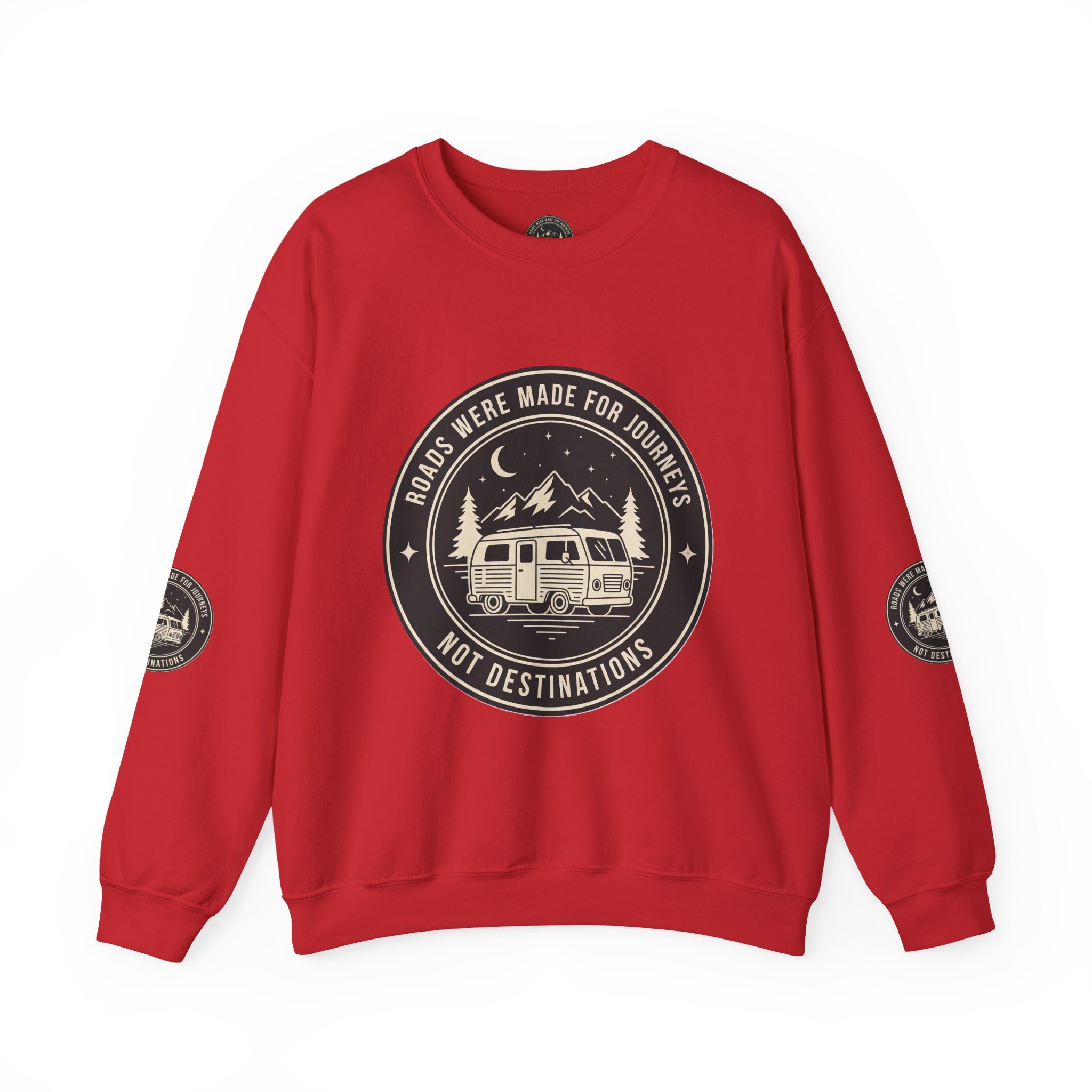 Crewneck Sweatshirt — "ROAD WHERE MADE FOR JOURNEYS-NOT DESTINATIONS" (Font + Back + Sleaves printed) Vintage Camper Van Outdoor Graphic