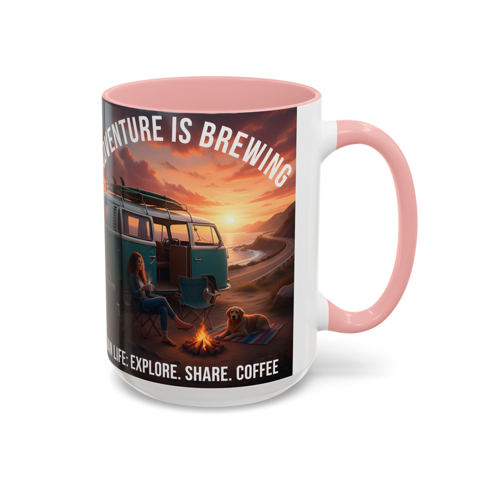 Accent Coffee Mug (11, 15oz) — "Adventure is brewing"