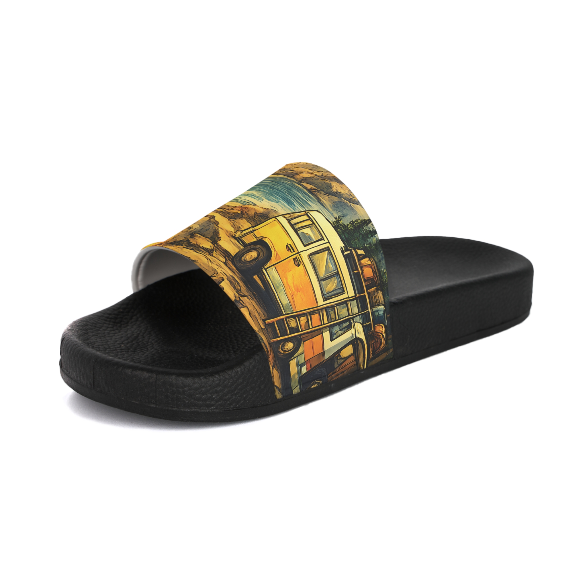 Women's Slide Sandals - Yellow Retro Camper Van Slides (Cubic-Line)