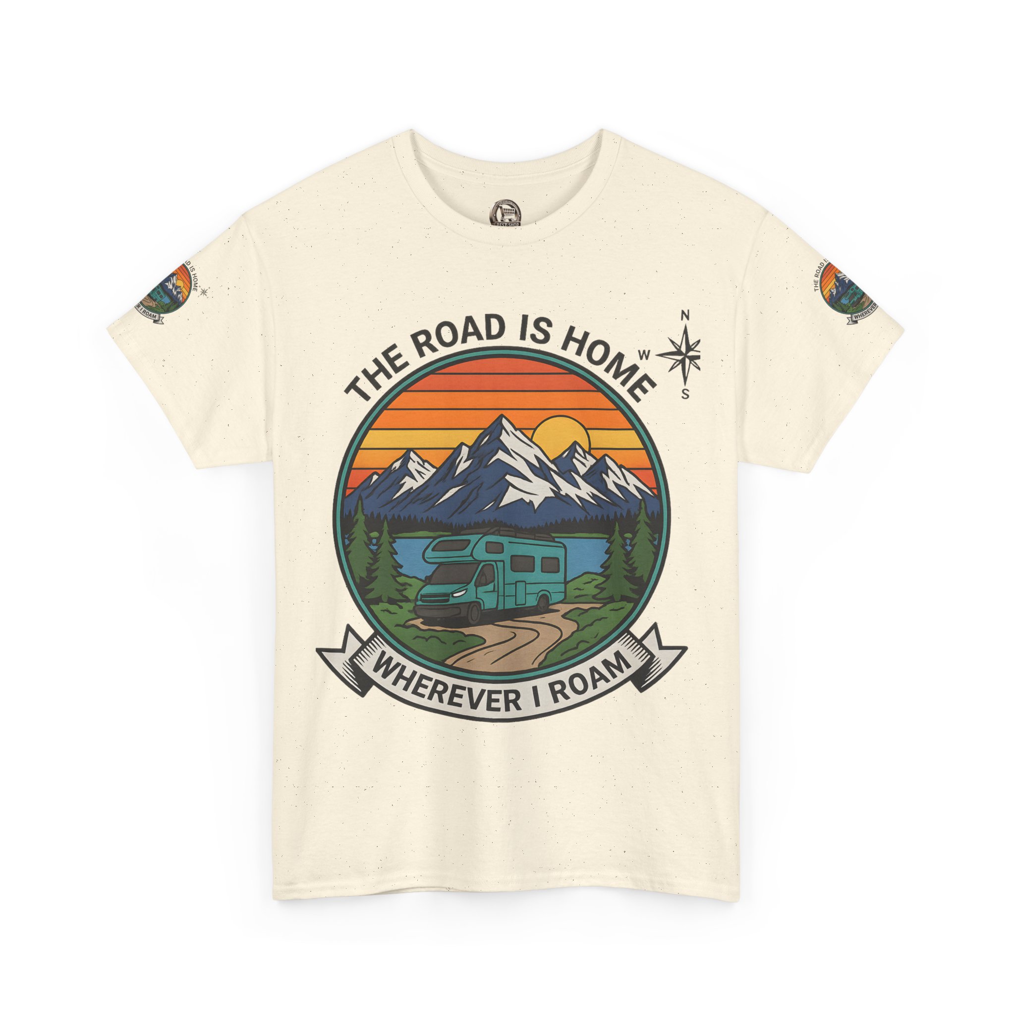 Unisex Heavy Cotton Tee  — 'The Road Is Home, Wherever I Roam' Retro Camper Tee