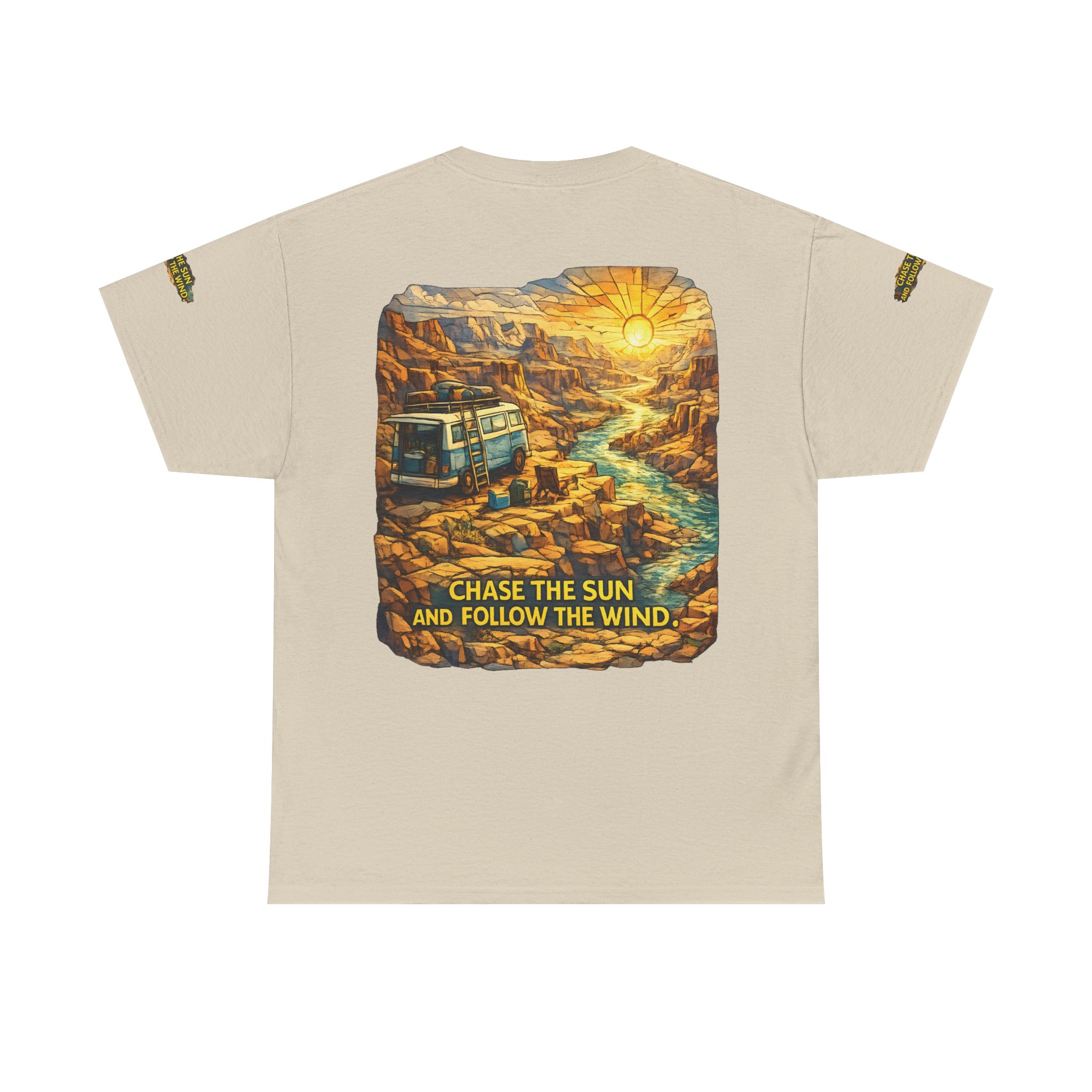 11343730751268878883_2048.jpeg Unisex Heavy Cotton Tee — "Chase The Sun And Follow The Wind" Design Cubic-Line