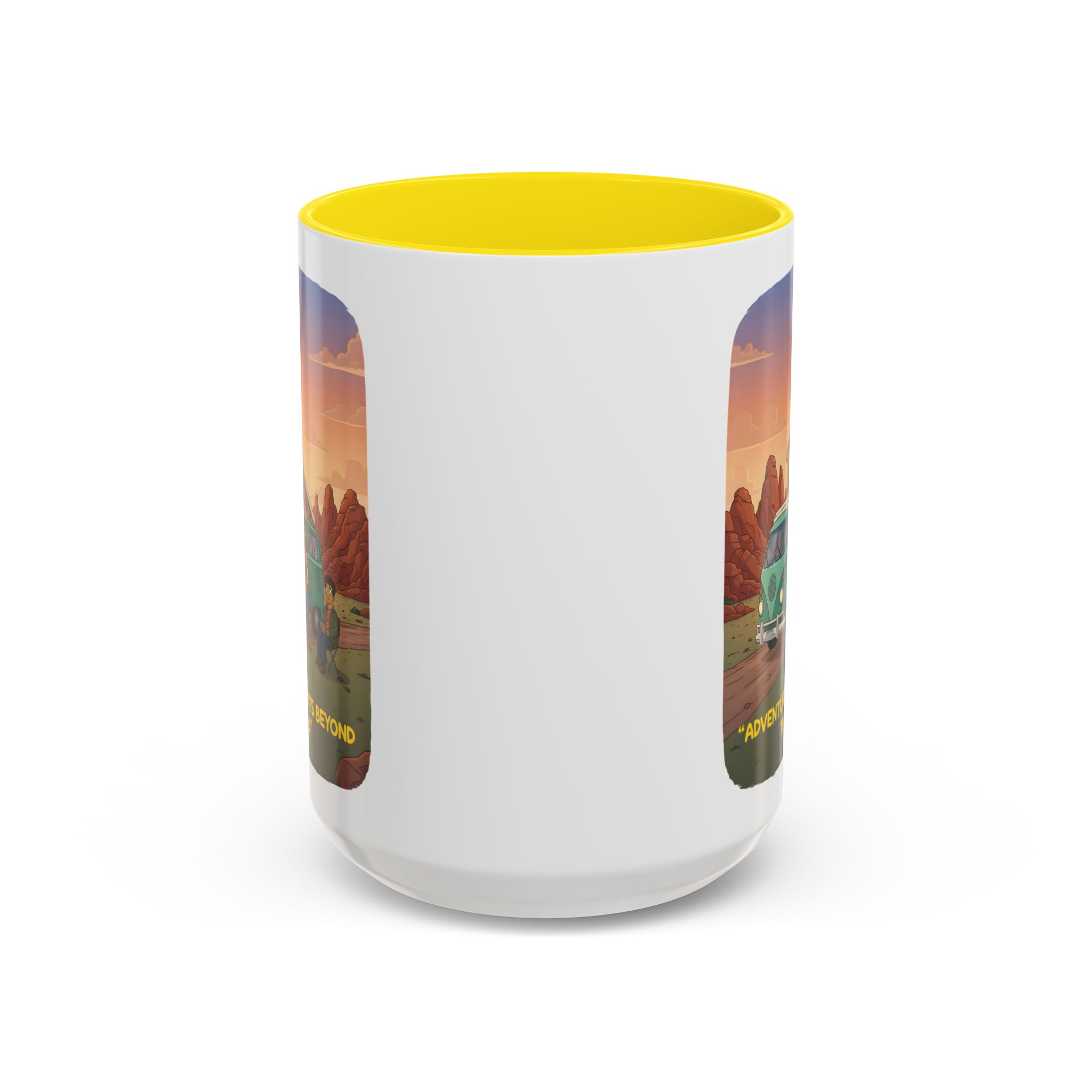 Accent Coffee Mug (11, 15oz) — "Adventure Awaits Beyond The Road" Design Sitcom-Line