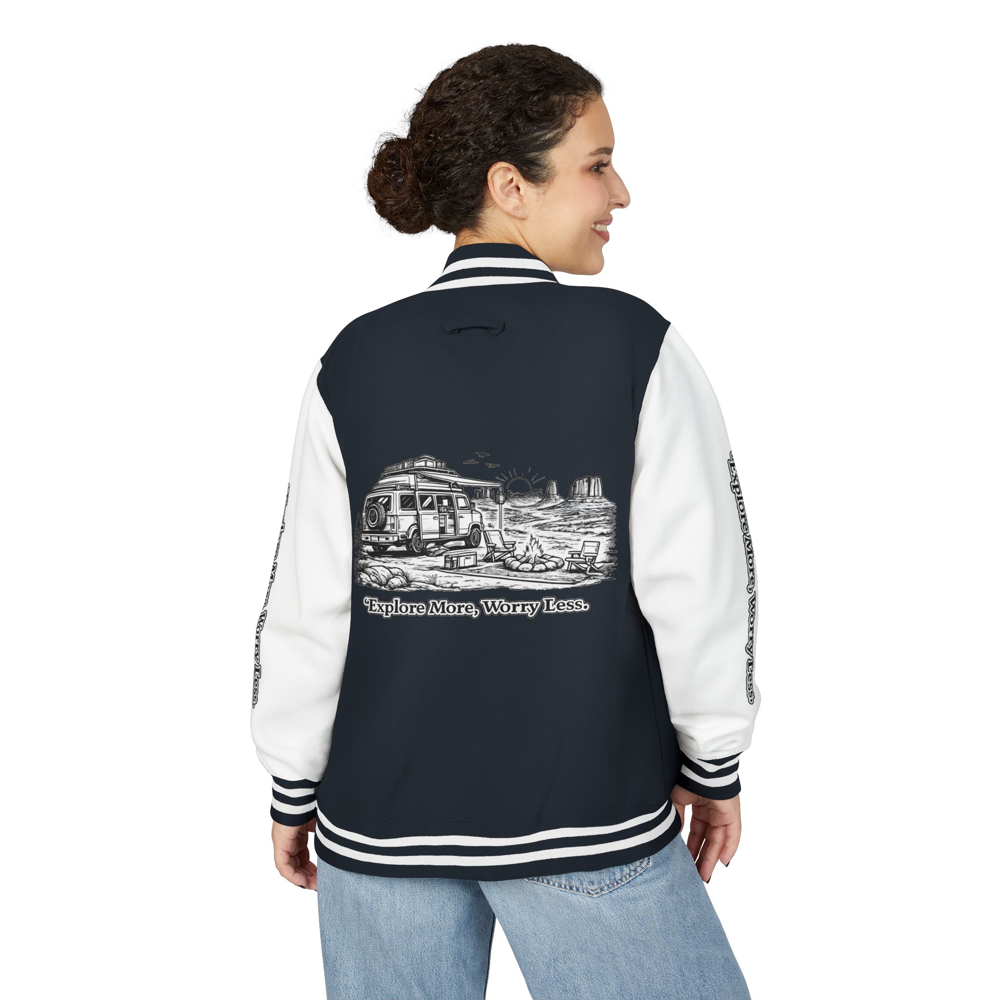 Unisex Heavyweight Letterman Jacket — "Explore More Worry Less" Travel Varsity Coat
