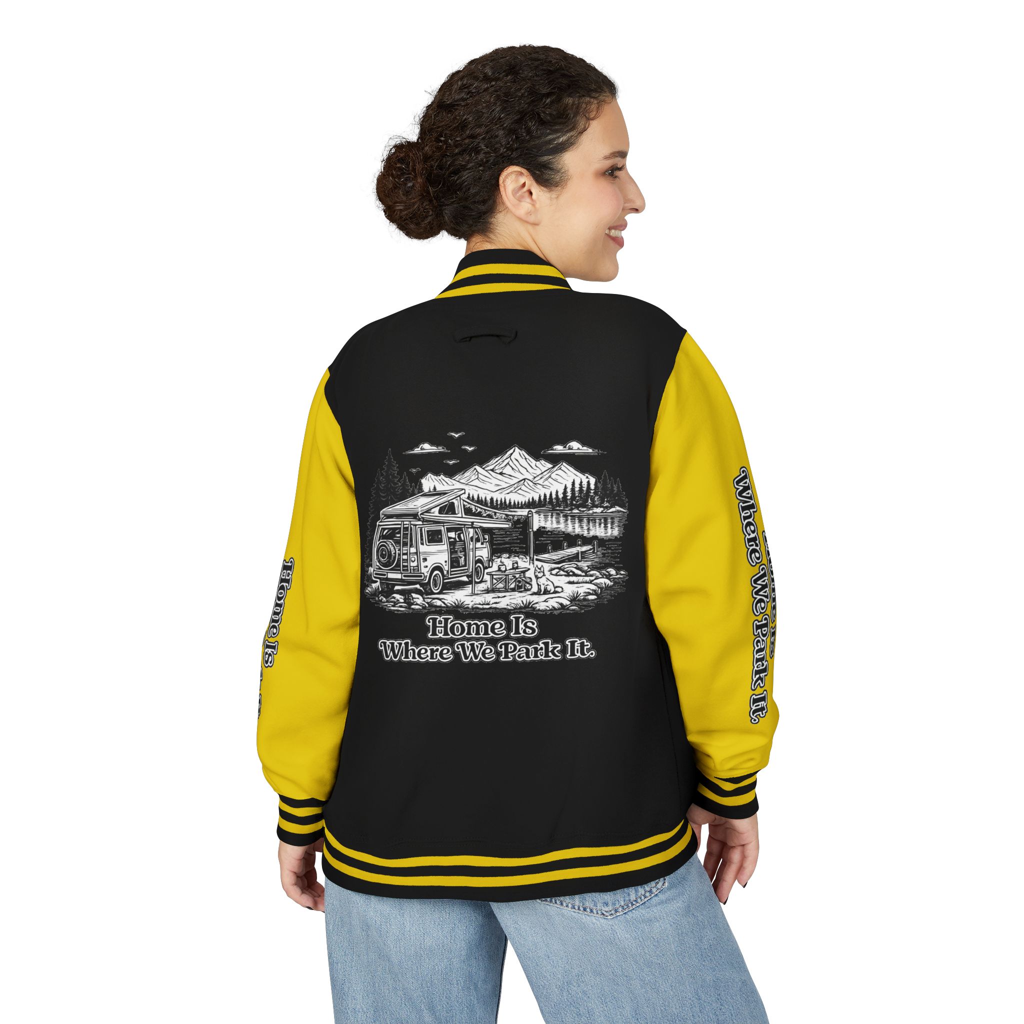 Unisex Heavyweight Letterman Jacket — "Home Is Where You Park It" Travel Varsity Coat