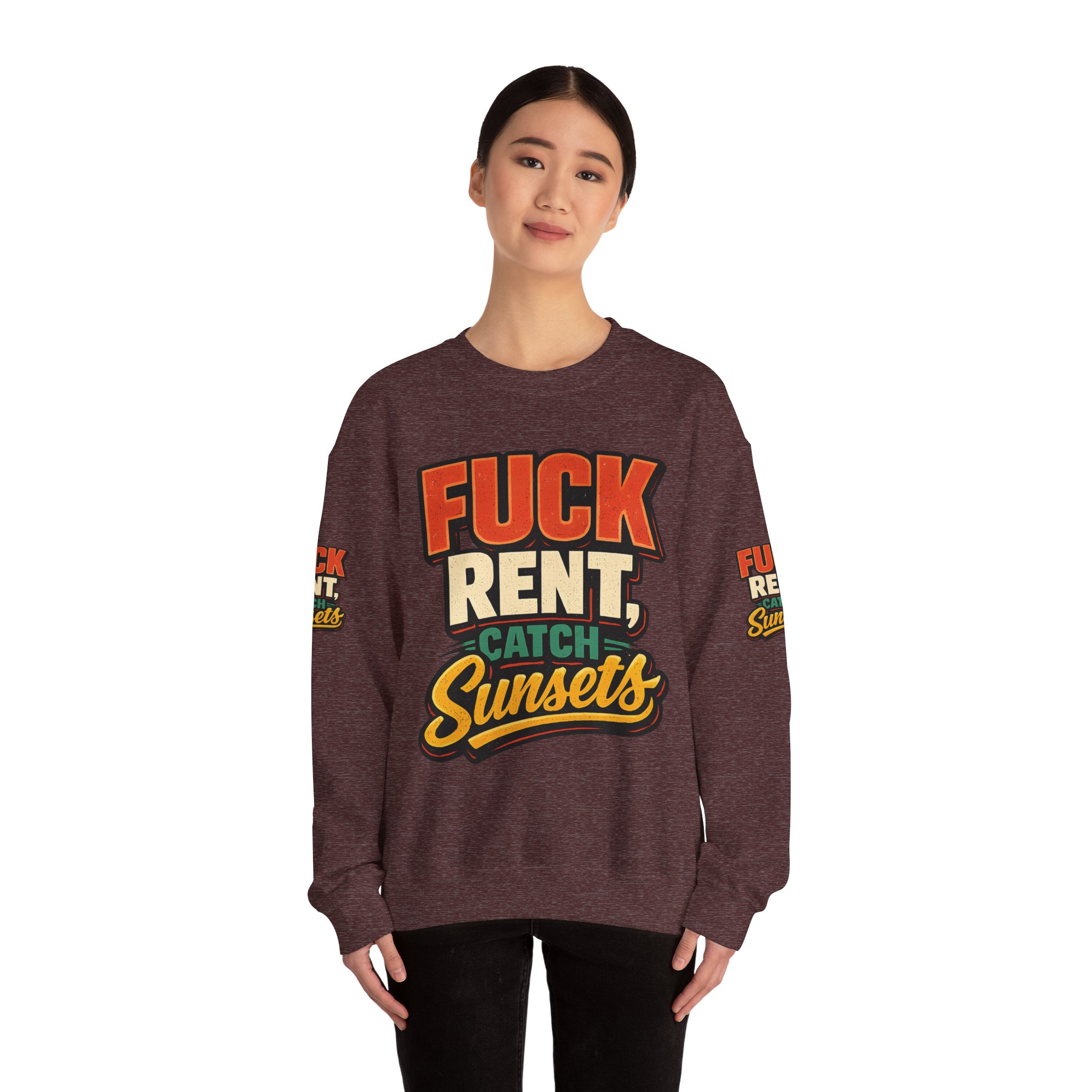 11381206520938143635_2048.jpeg Unisex Heavy Blend™ Crewneck Sweatshirt — "Fuck Rent Catch Sunsets" Design F**K-Line