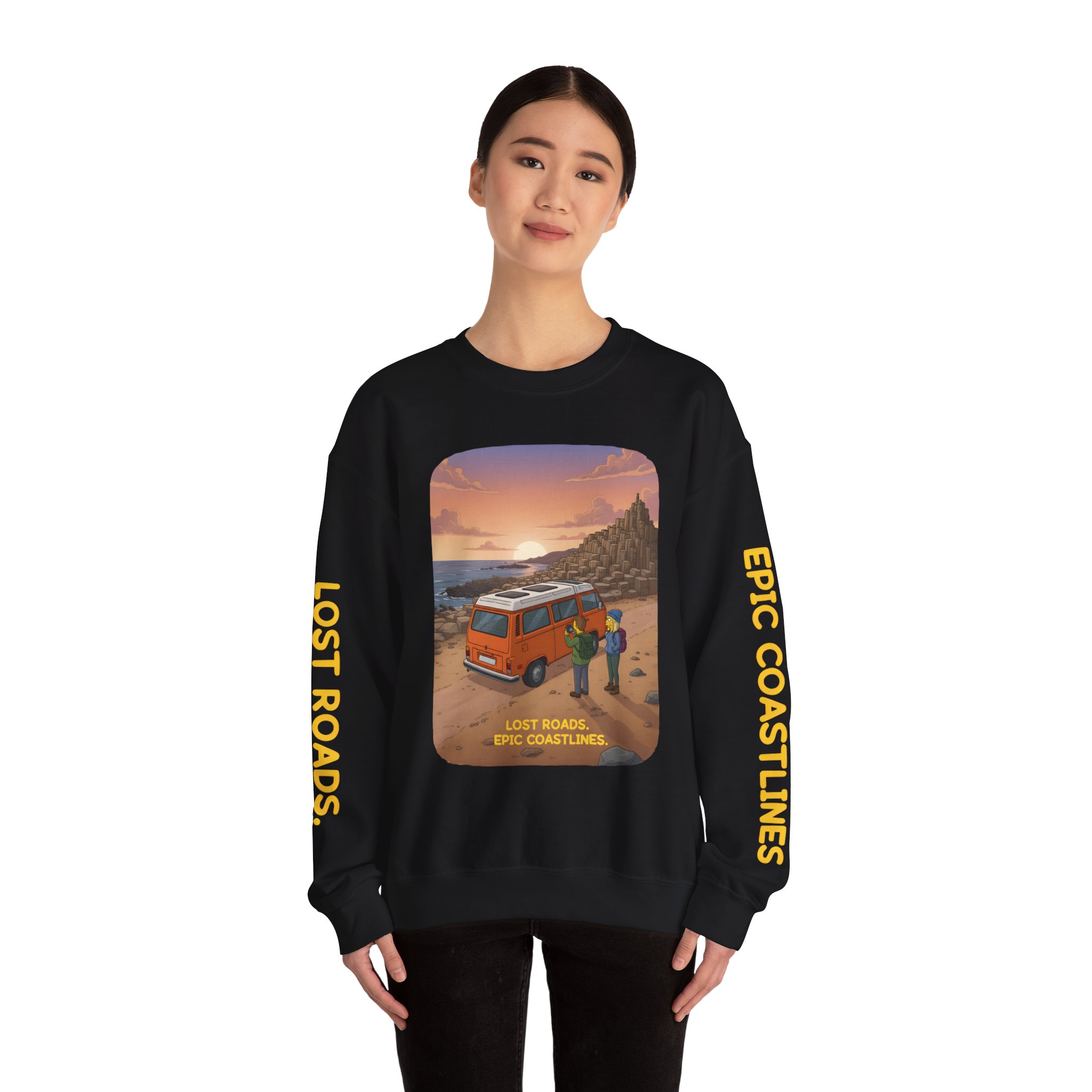 Unisex Heavy Blend™ Crewneck Sweatshirt — "Lost Roads Epic Coastlines" Design Sitcom-Line