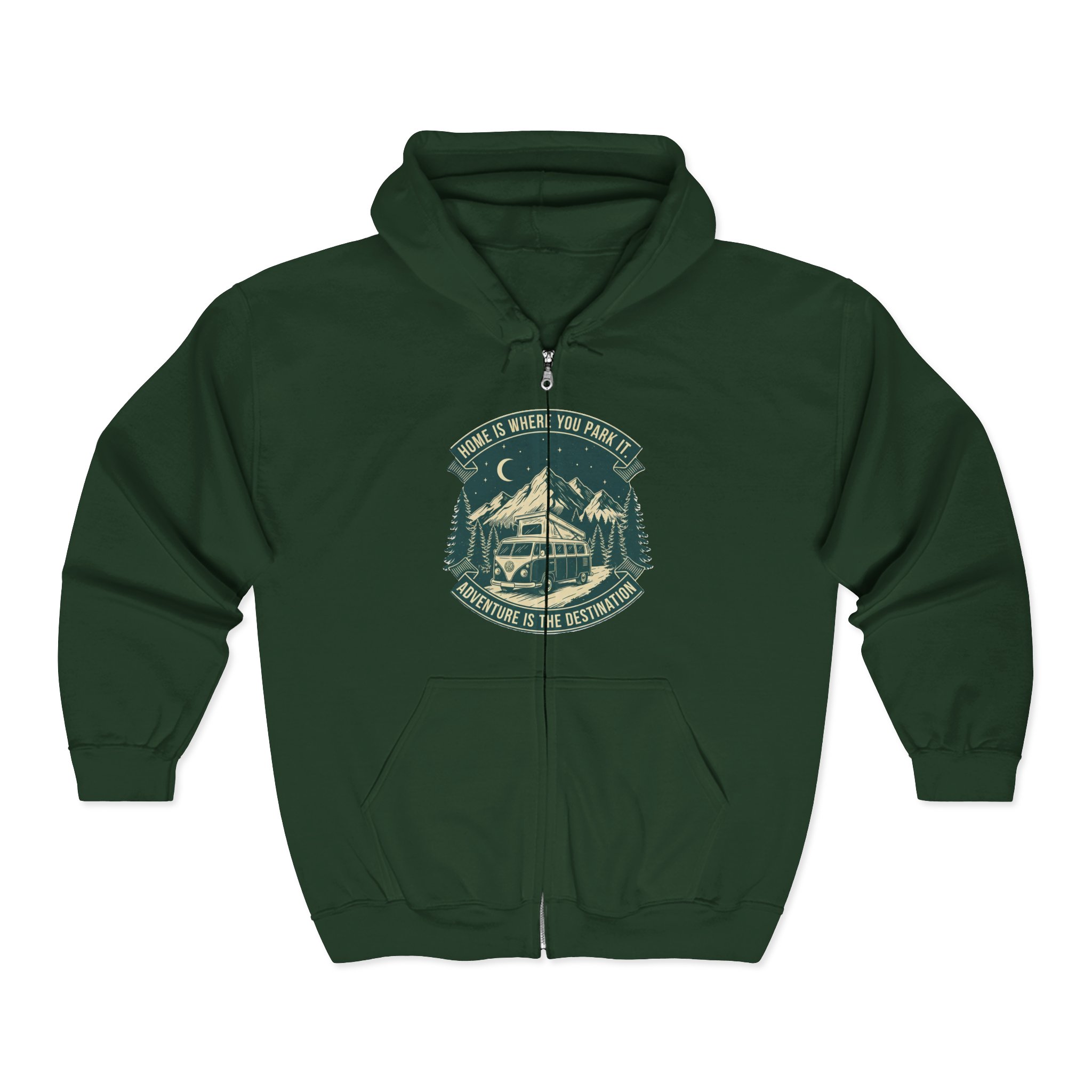 Zip Hoodie — "Home Is Where You Park It-Adventure is the destination"(Only Front Printed) Camper Van Adventure Zip-Up